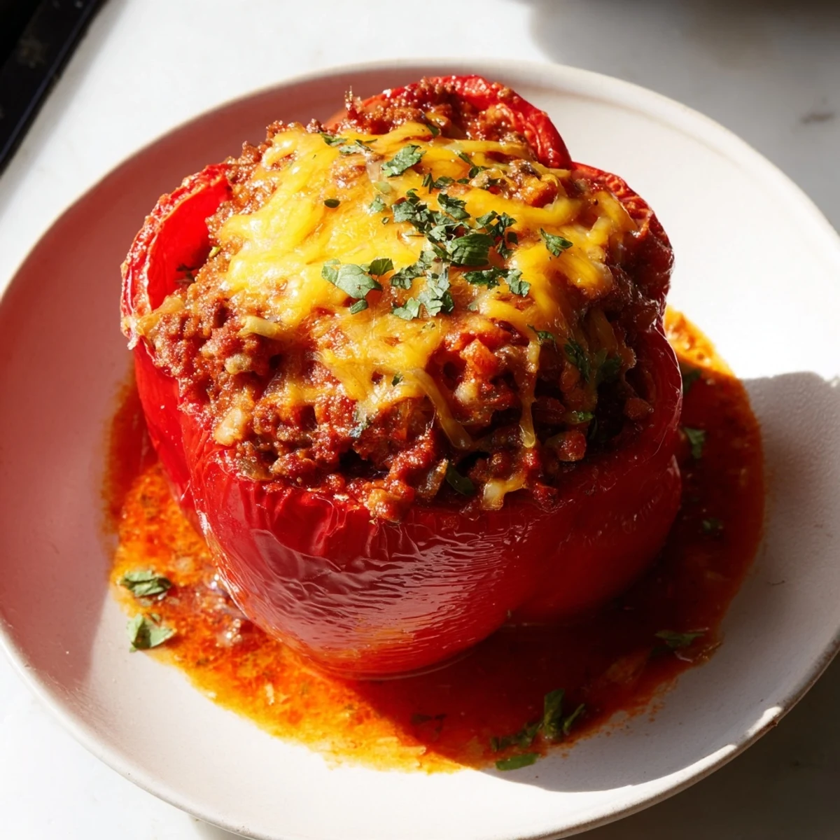 Cheesy Sloppy Joe Stuffed Peppers with melted cheddar, presenting a hearty, fork-tender, flavorful family dinner.