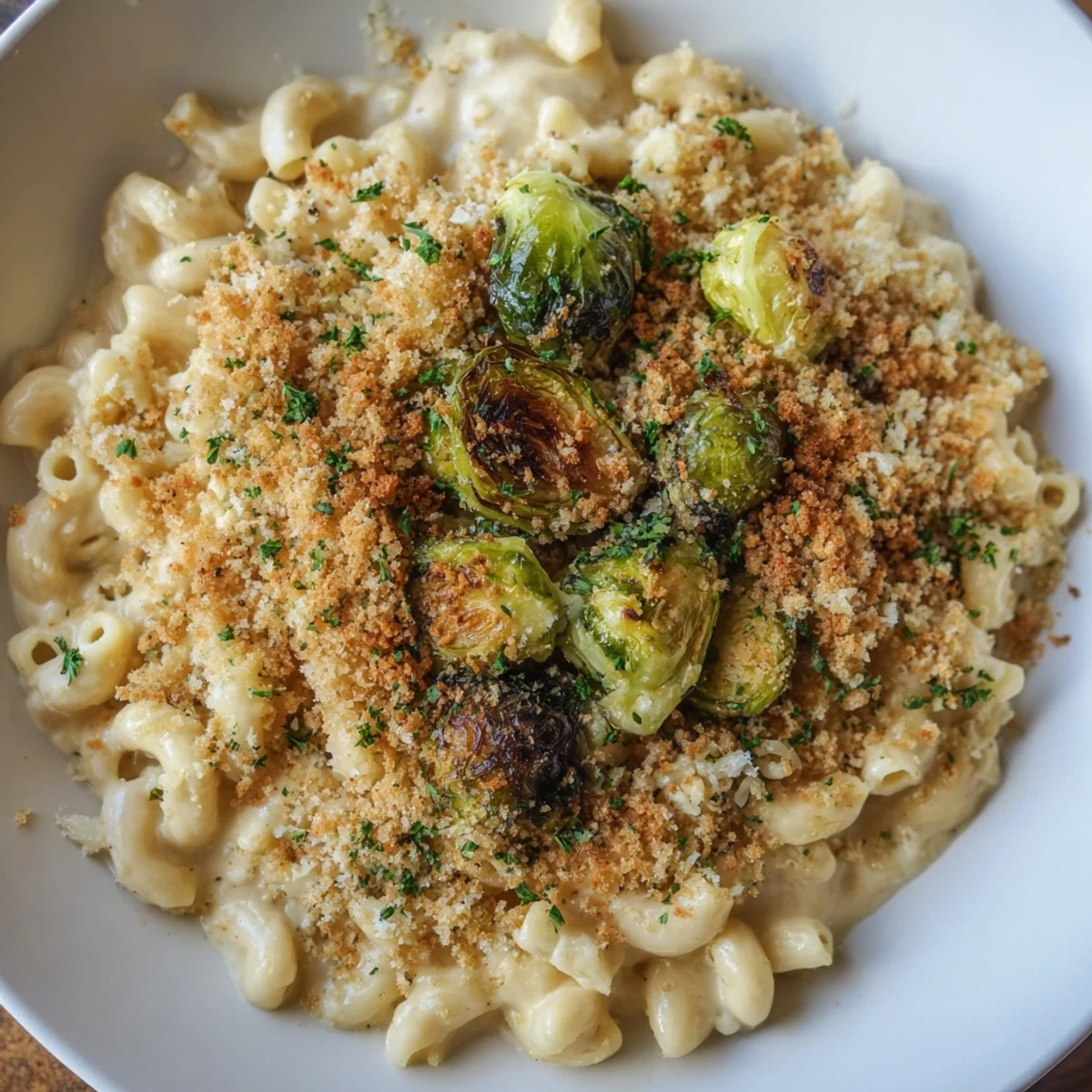 Golden, bubbly Sheet Pan Mac and Cheese with roasted Brussels sprouts, ready to serve with parsley.