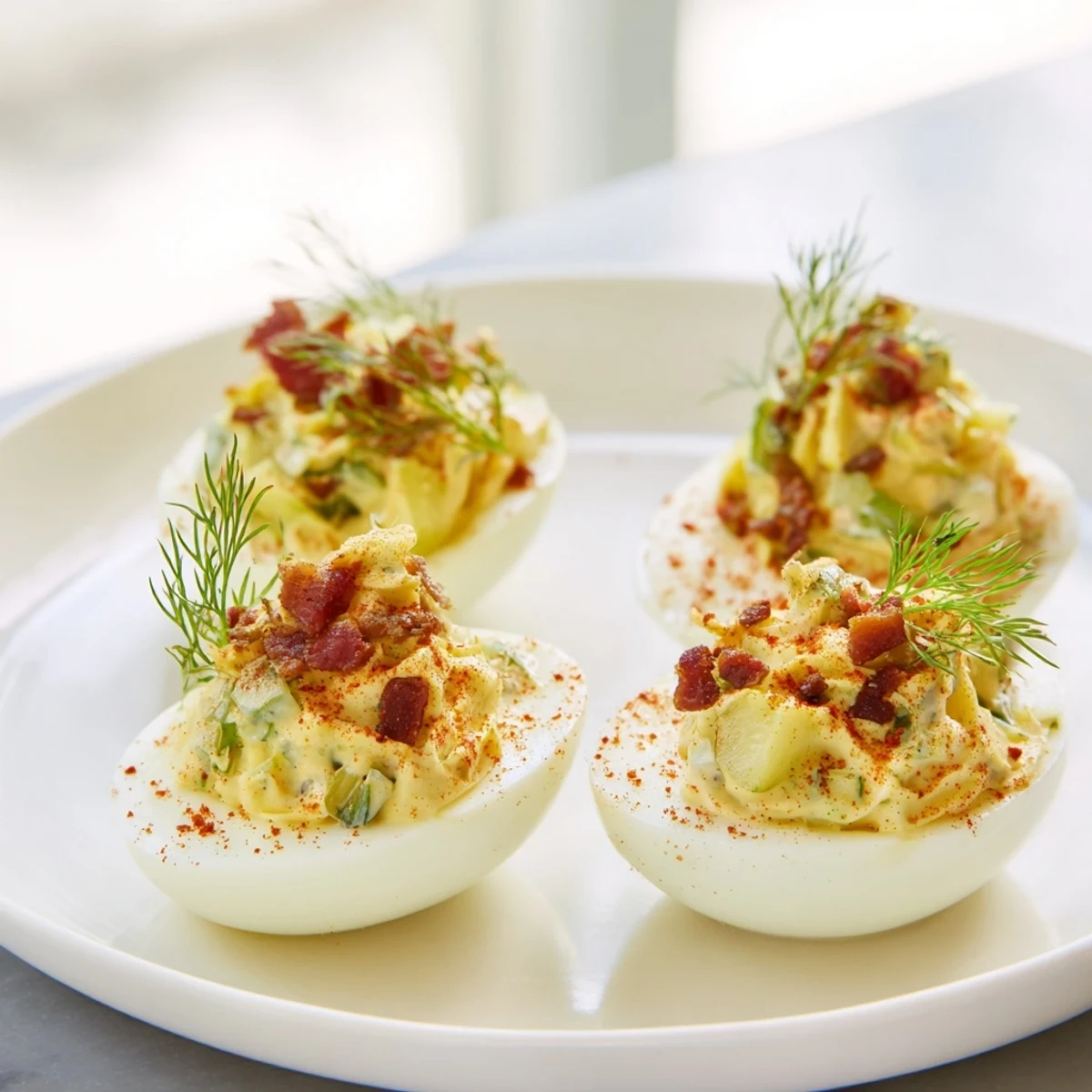 Vibrant image of loaded deviled eggs; a delicious, elegant appetizer ready to enjoy with friends.