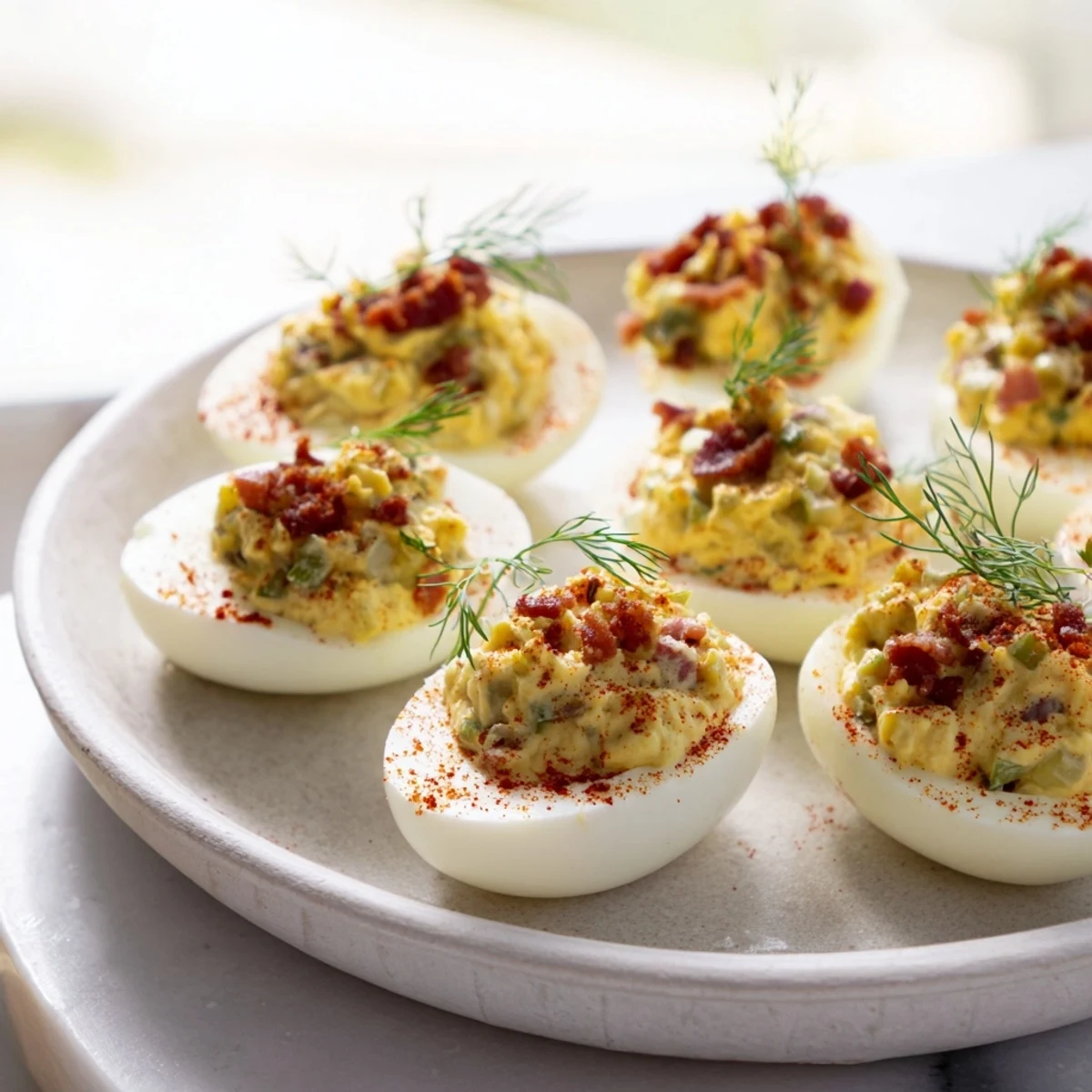 Creamy loaded deviled eggs, showcasing perfectly piped filling, perfect for your next gathering or picnic.