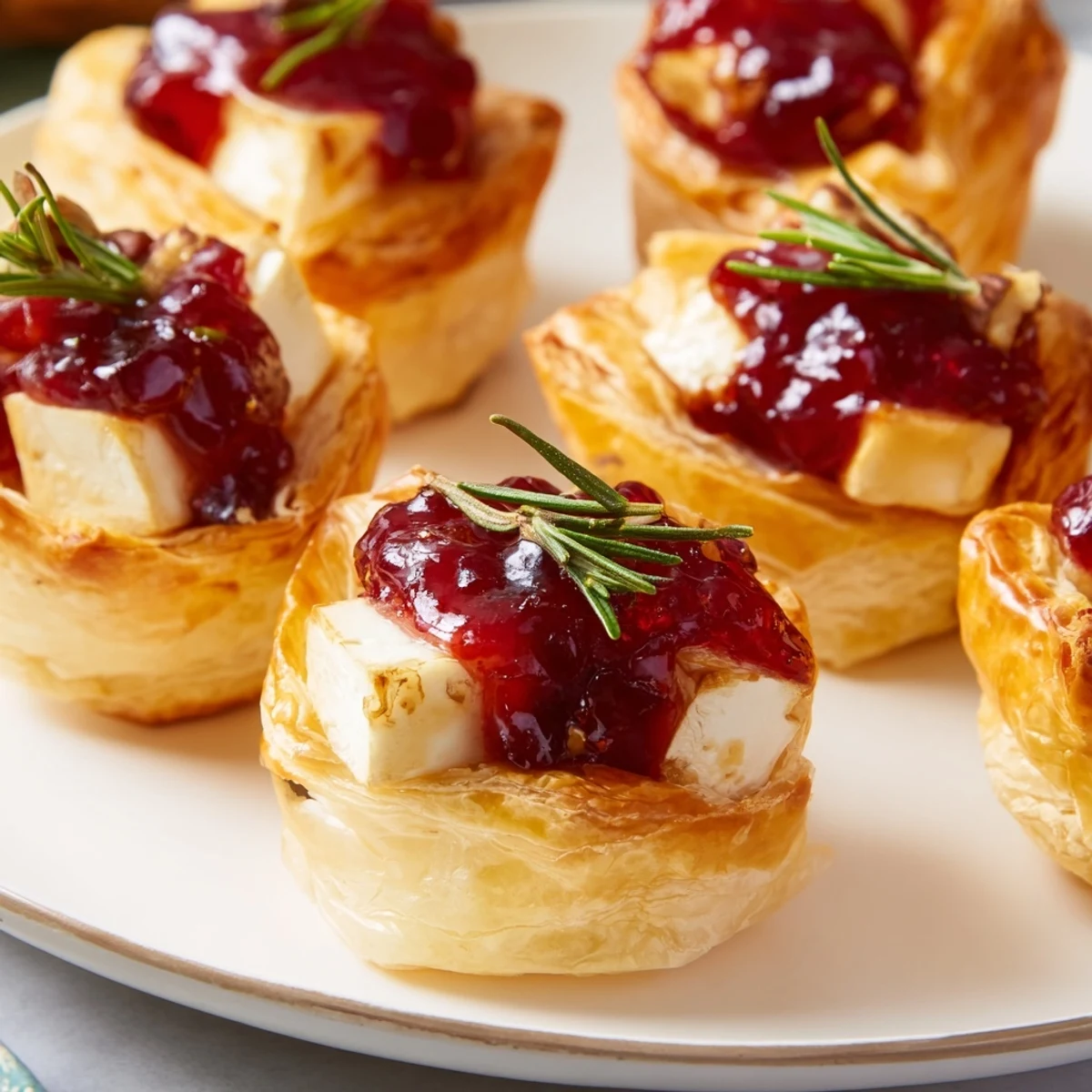 Warm, bubbling Cranberry Brie Bites with golden pastry, a perfect appetizer for a cozy party, ready to serve.