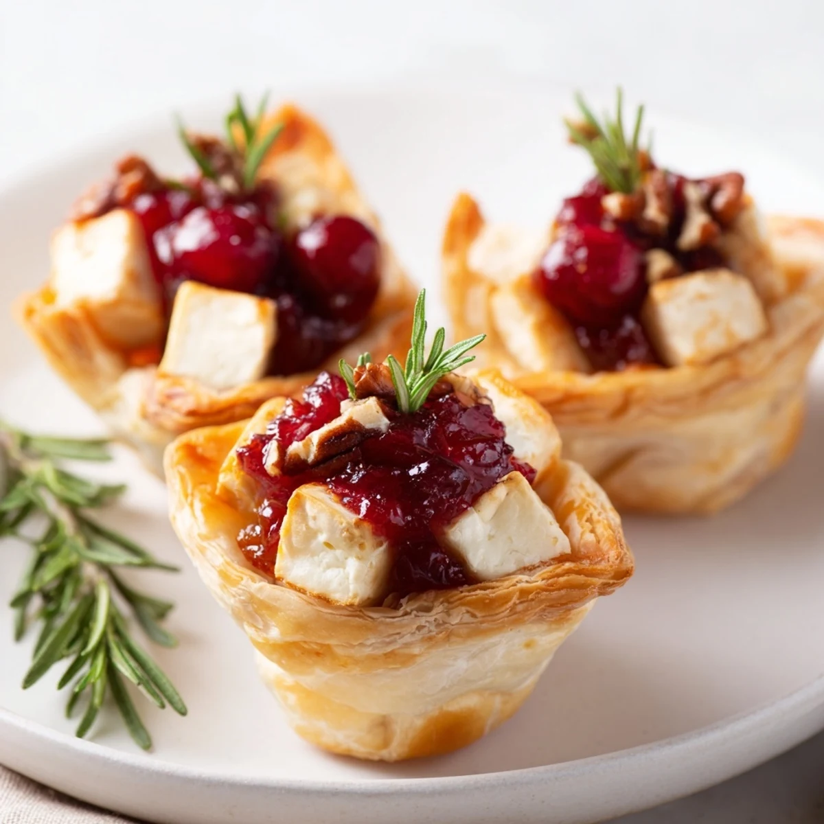Delicious bite-sized Cranberry Brie Bites featuring creamy Brie, tart cranberry, and flaky, baked pastry shells.