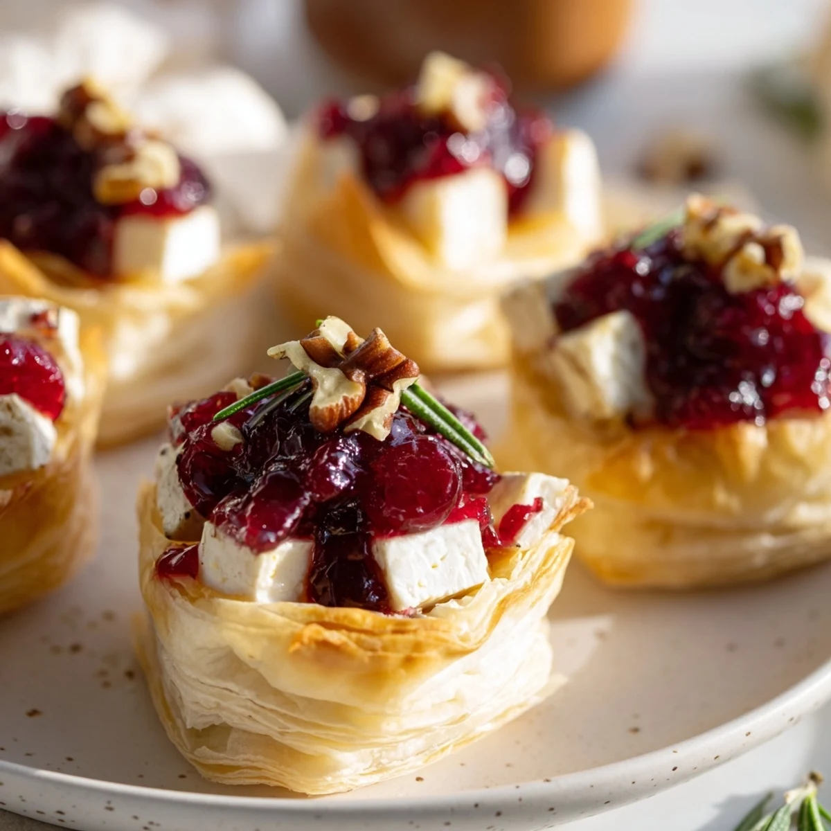 Close-up of freshly baked Cranberry Brie Bites showcasing the sweet cranberry topping with melted Brie.
