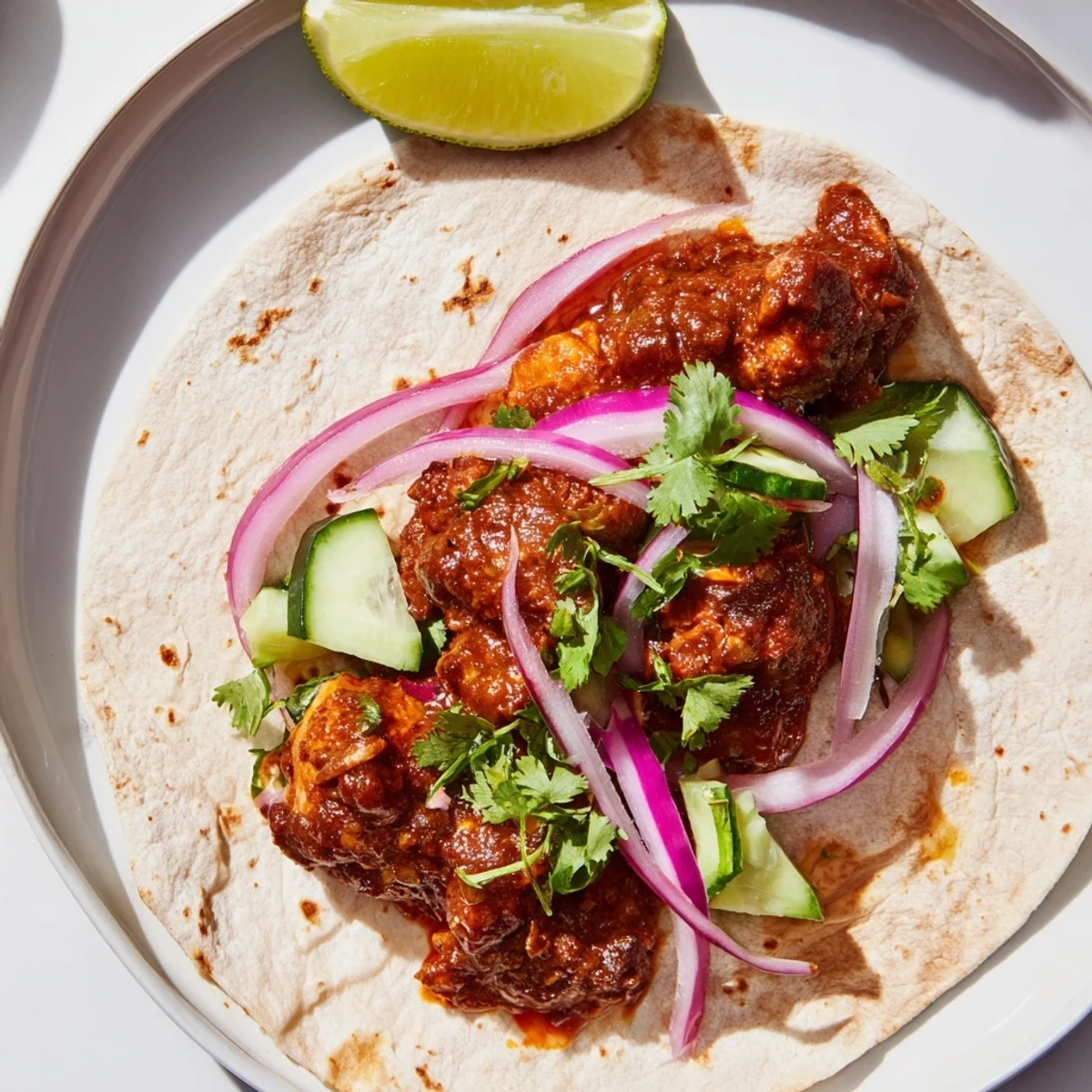 Fresh cilantro garnishes this flavorful dish of Sticky Chicken Tikka Masala Tacos with bright lime.