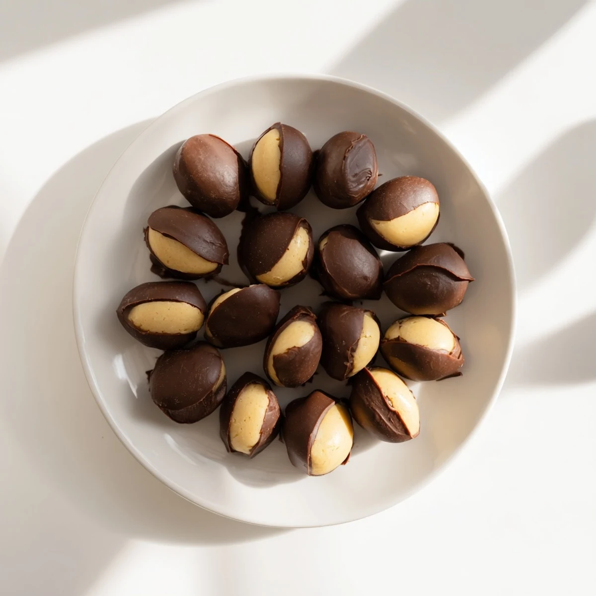Creamy peanut butter buckeyes, partially dipped in dark chocolate, make a perfect homemade dessert.