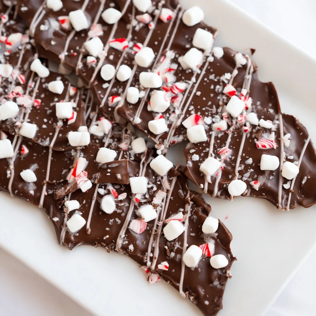 Delicious Hot Chocolate Bomb Bark with white chocolate drizzle, marshmallows, and festive sprinkles.