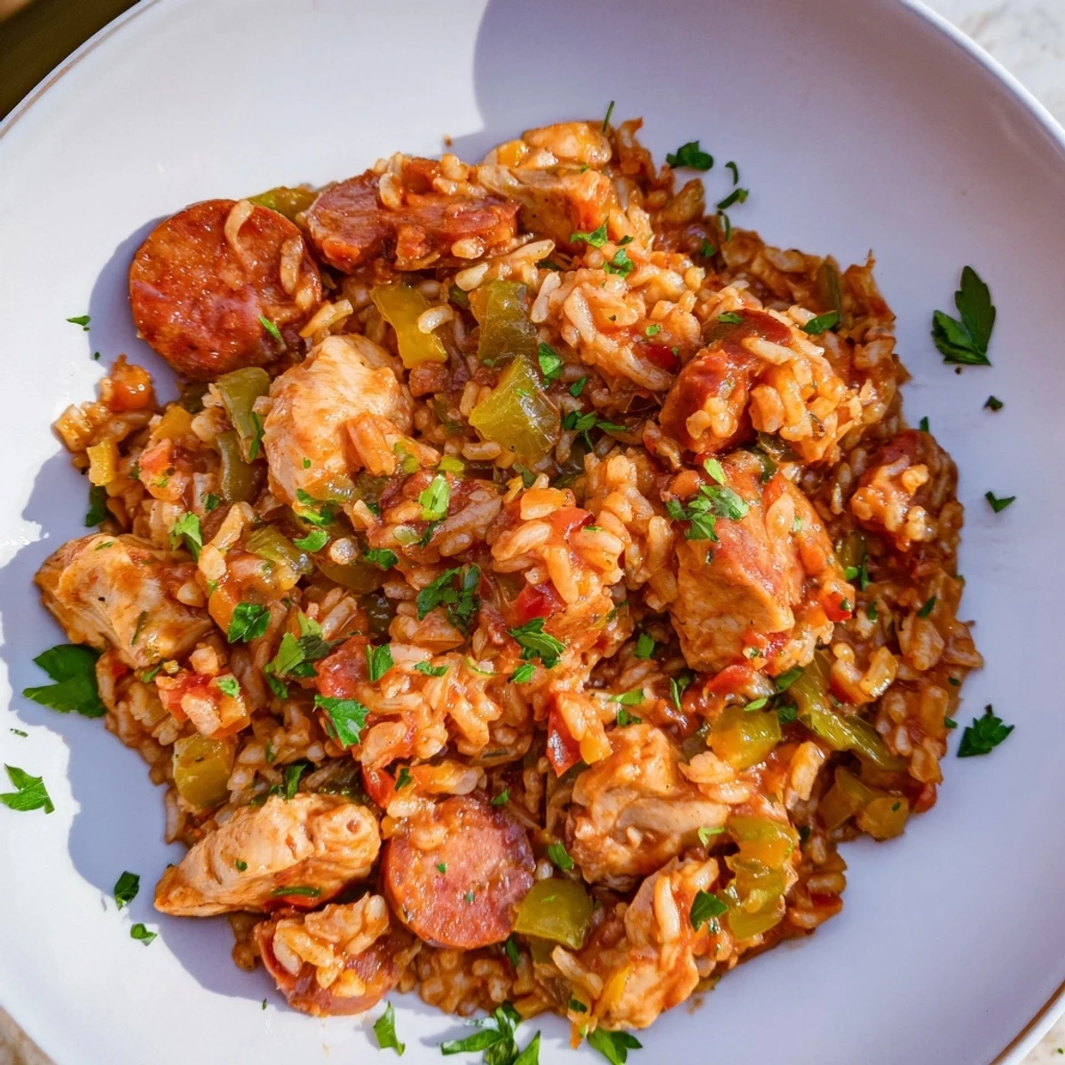 Steaming Simple Chicken and Sausage Jambalaya Bake, a vibrant one-pan meal with visible rice and browned sausage pieces.