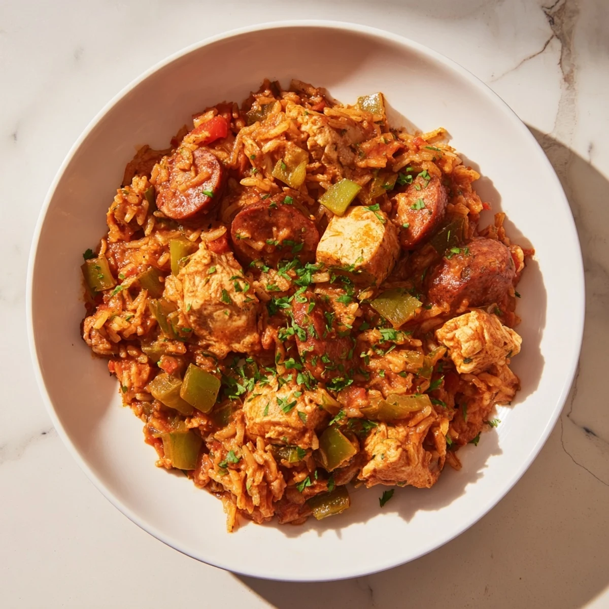 The flavorful Simple Chicken and Sausage Jambalaya Bake shows tender chicken and vegetables mingling with seasoned rice.