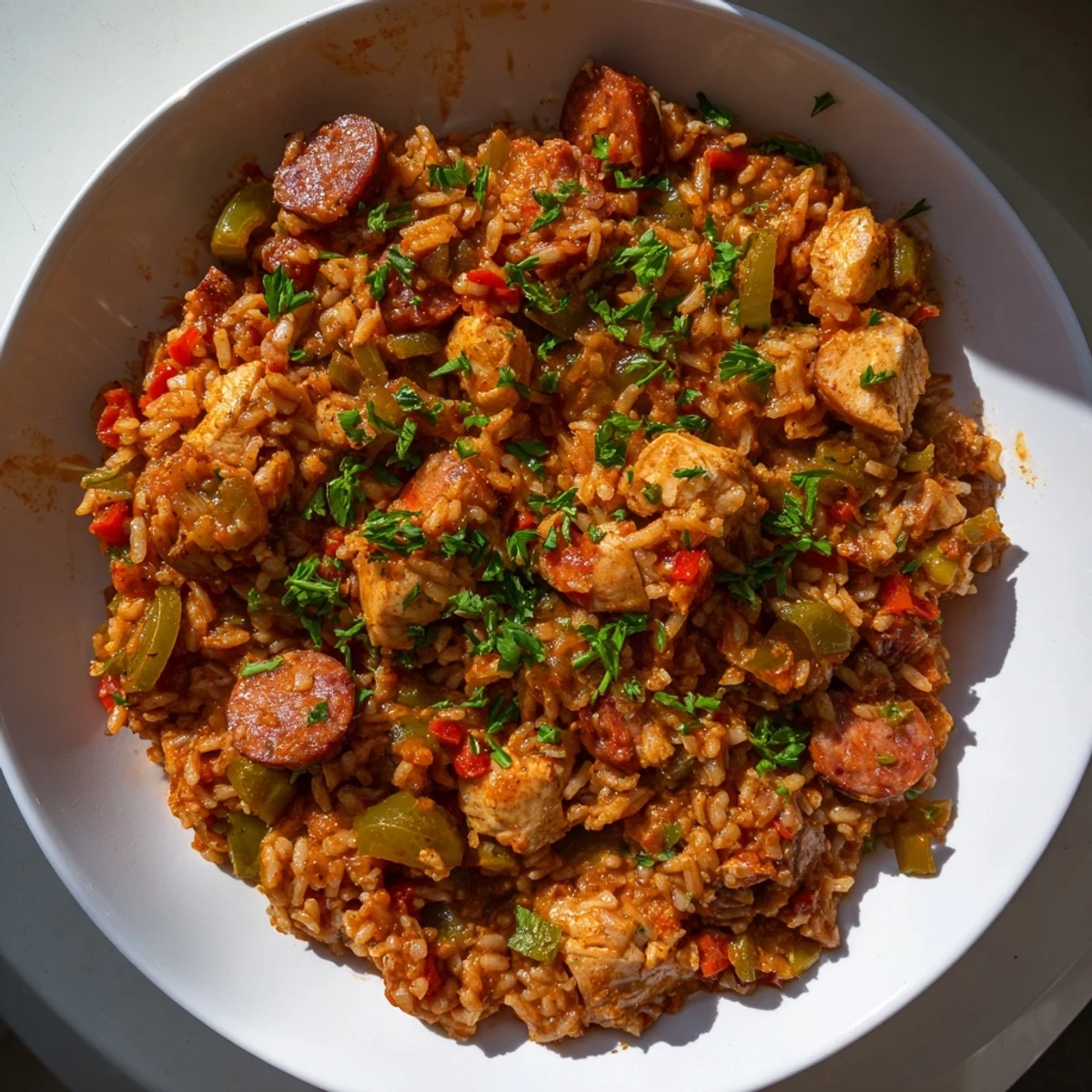 A close-up of a bubbling Simple Chicken and Sausage Jambalaya Bake, perfect for satisfying your comfort food cravings.