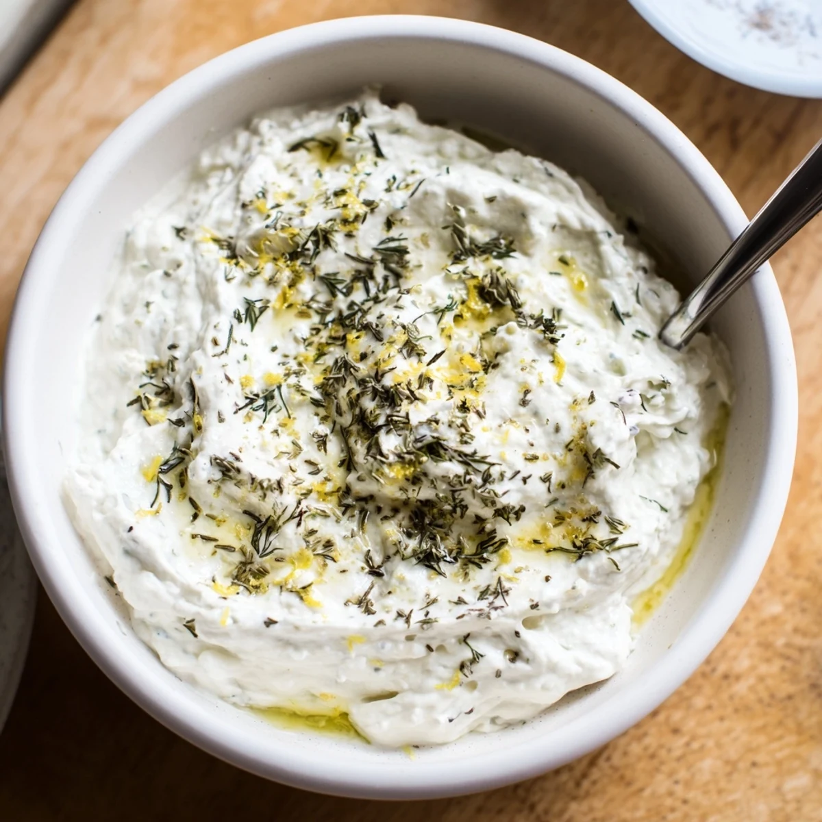 Whipped Feta with Greek seasoning, a smooth, creamy dip ready to scoop with fresh vegetables.