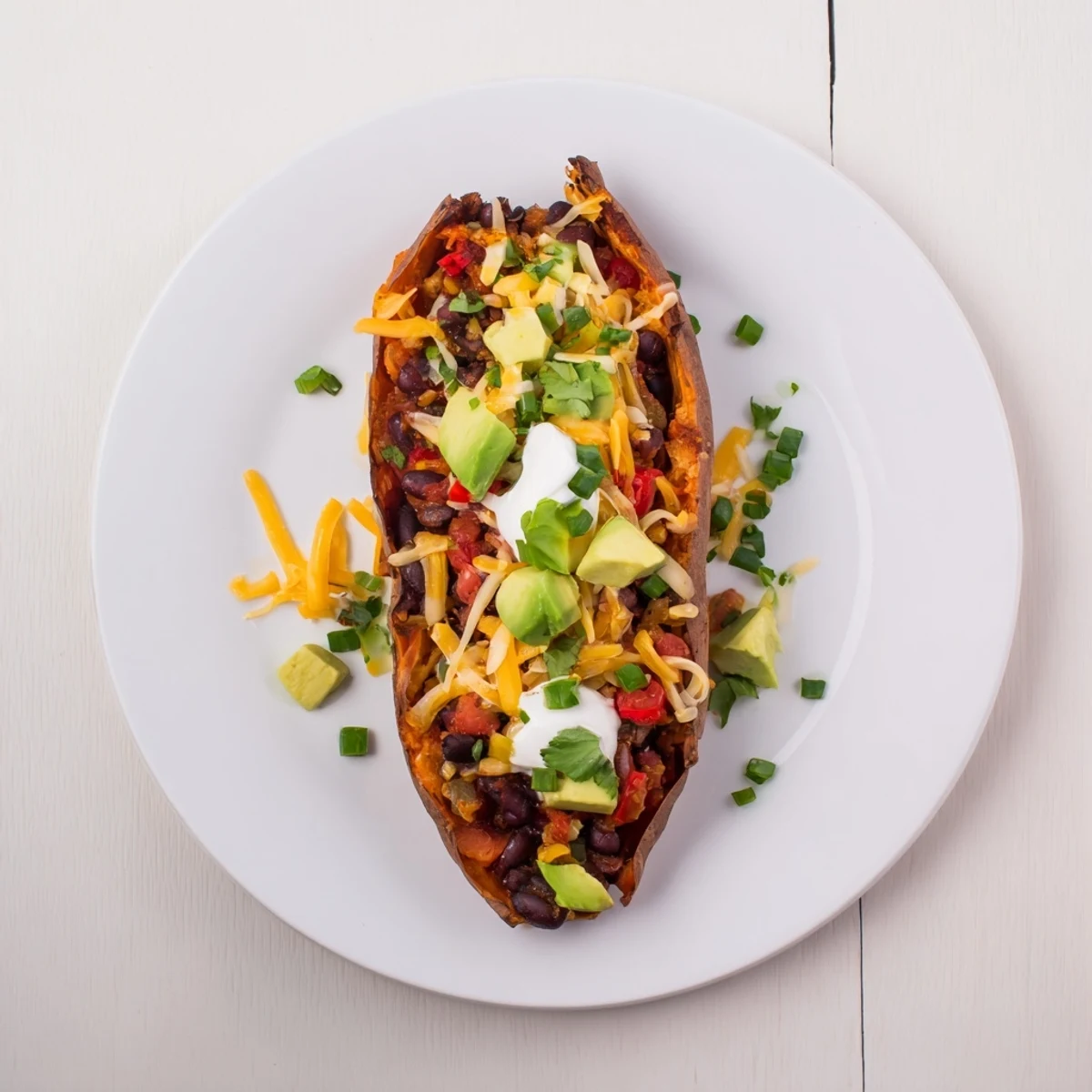 Steaming Savory Baked Sweet Potato Chili Boats overflowing with rich, bean-filled chili and creamy toppings.
