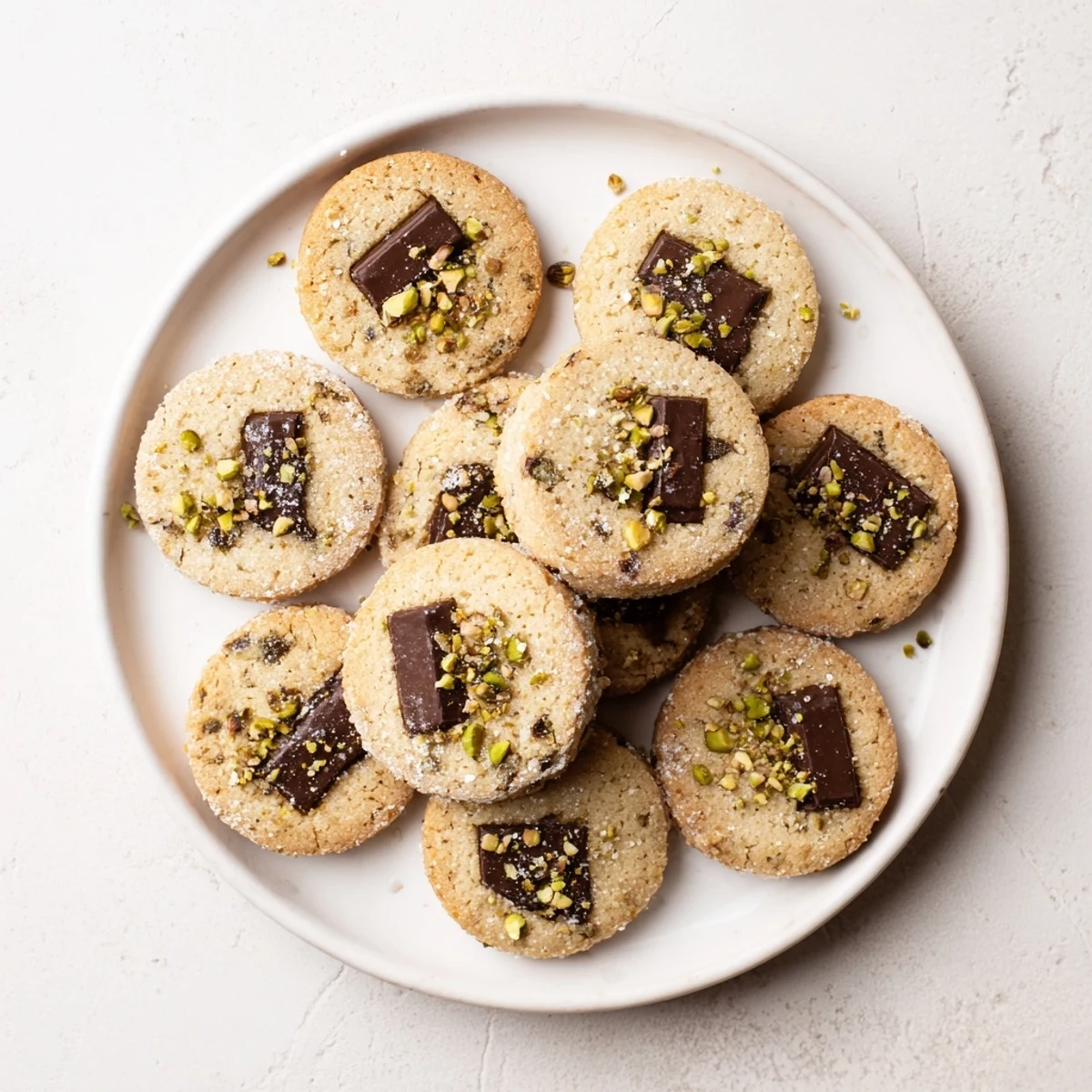 Golden Salted Pistachio Chocolate Chunk Shortbread cookies, showcasing the delightful combination of salty and sweet flavors.