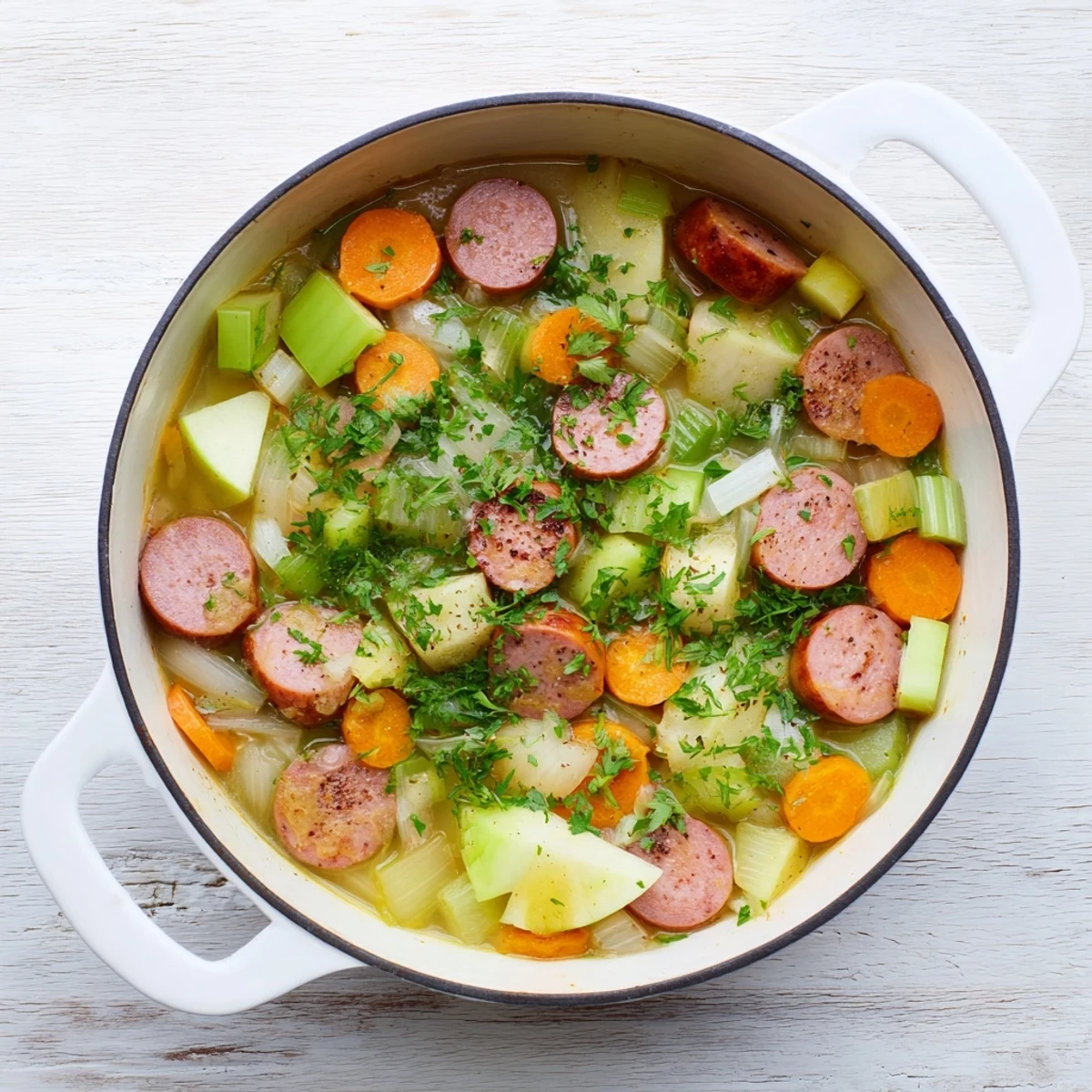 Delicious stovetop sausage, celery, and apple hotpot, a one-pot meal simmered to perfection, ready to eat.