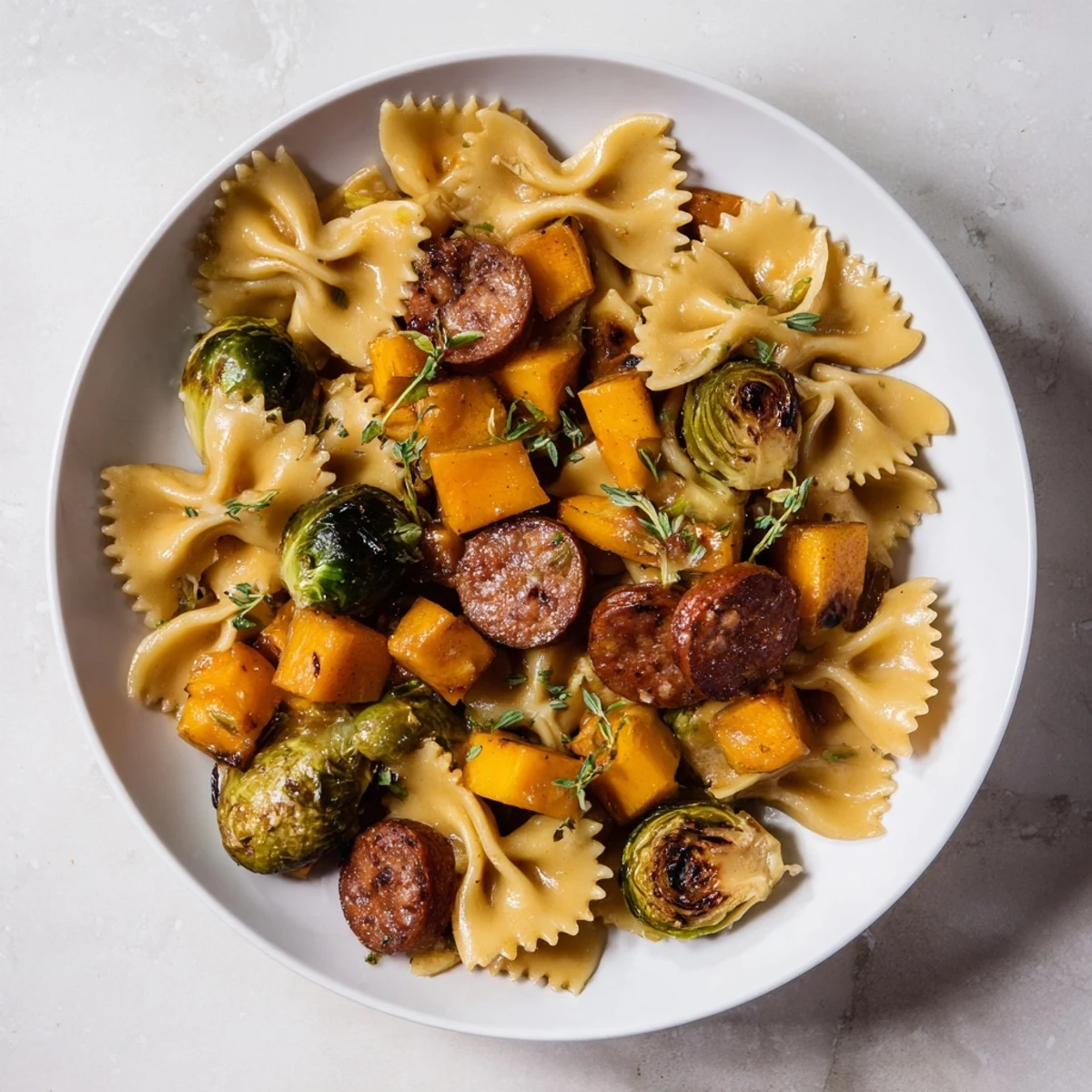 A close-up of Autumn Sausage Pasta Squash, showing tender squash, sausage, and bow tie pasta.