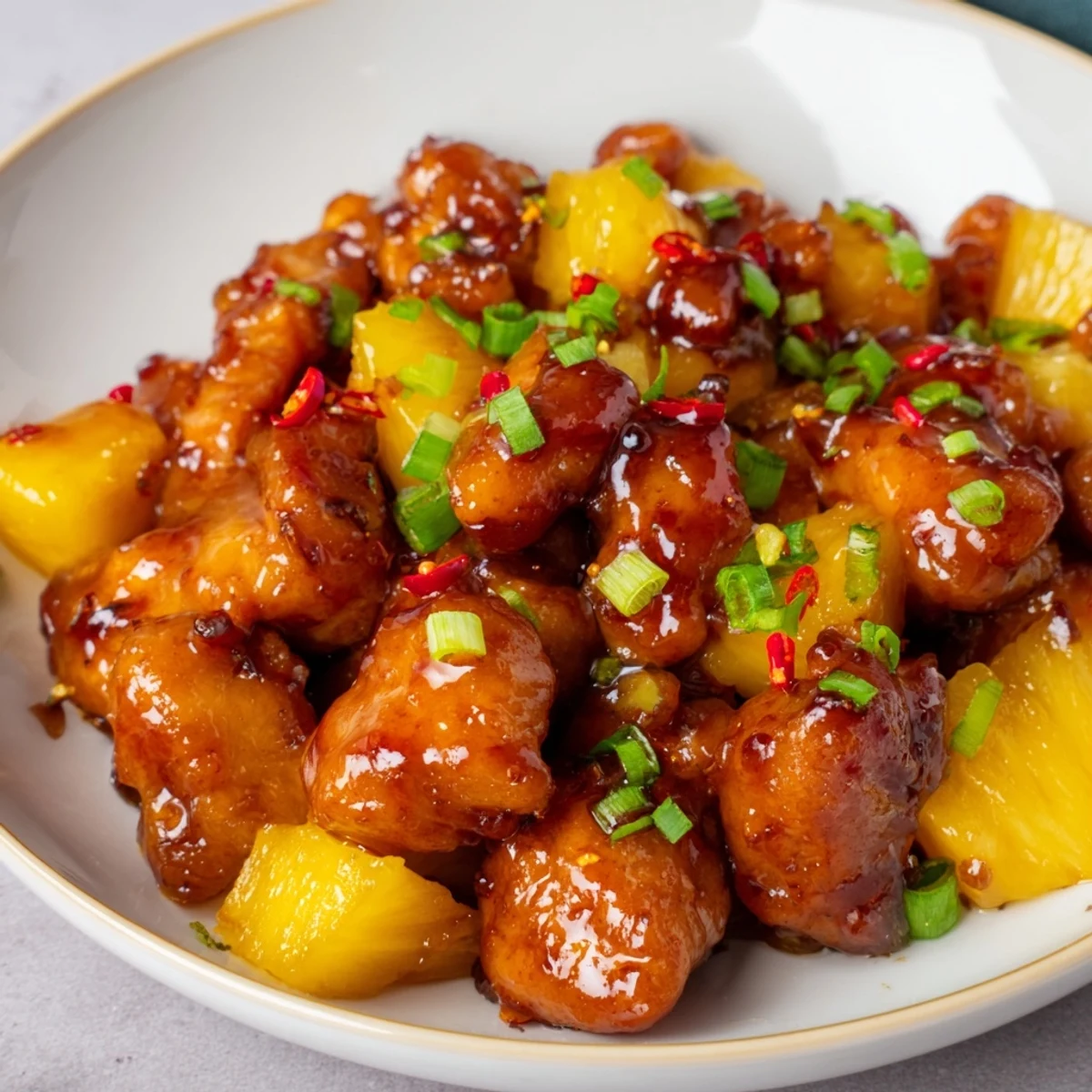 Baked Brown Sugar Pineapple Chicken, with tender chicken and glistening pineapple, sits ready to serve with rice.