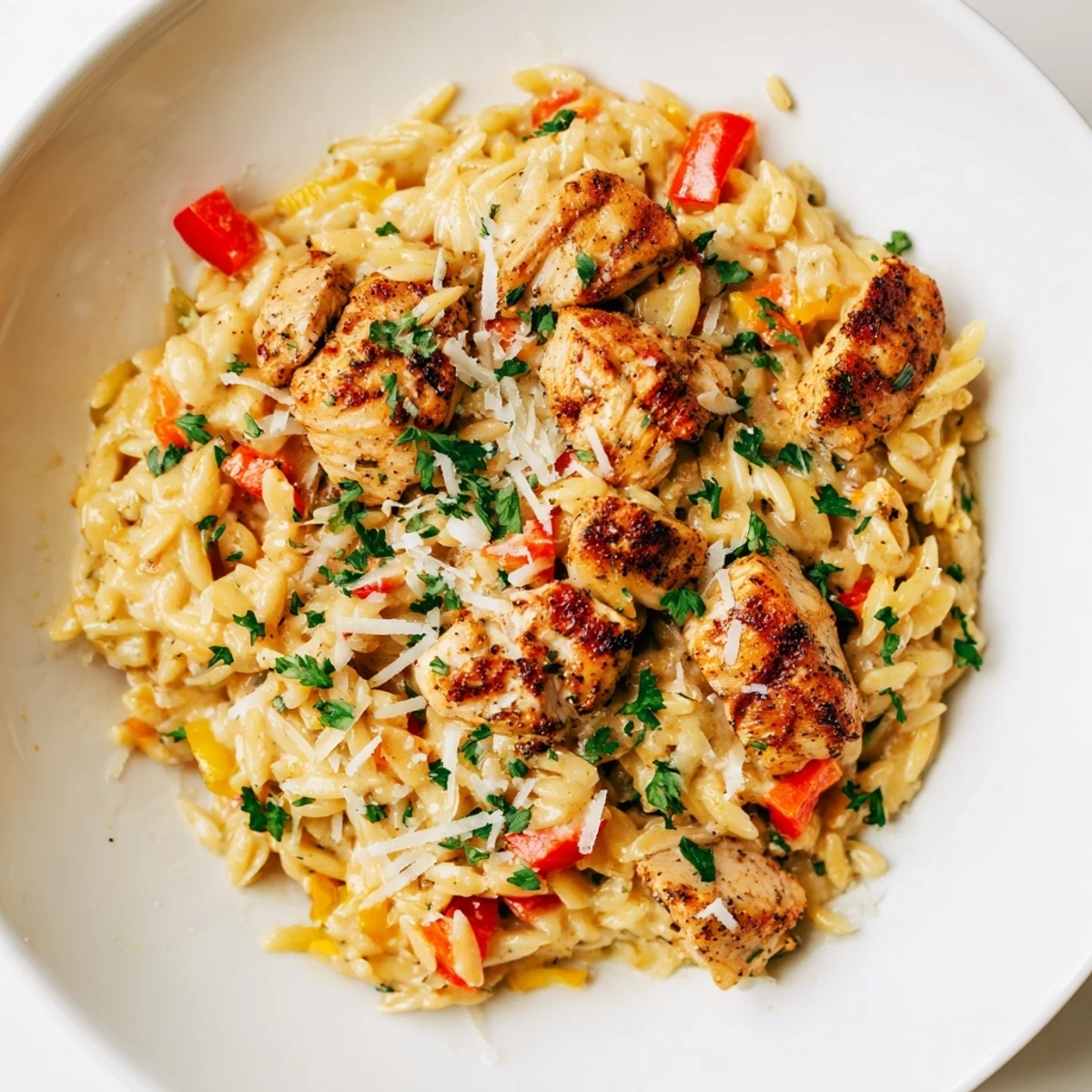 Tender chicken pieces and creamy sauce mingle in this flavorful One-Pot Cajun Chicken Alfredo Orzo.