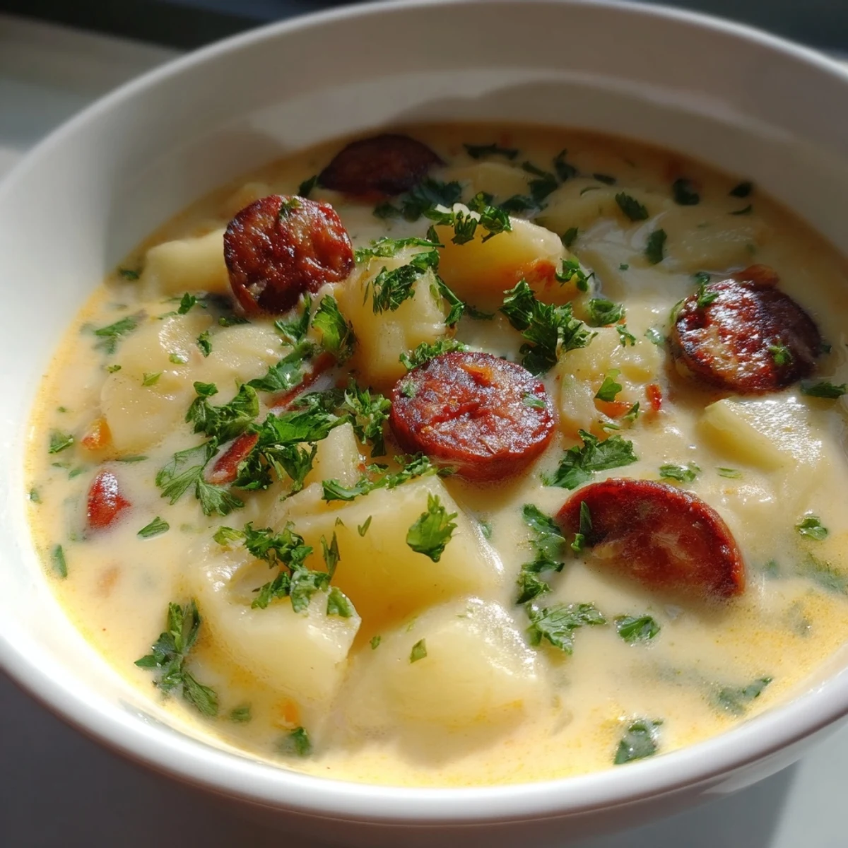 Thick, creamy Creamy Chorizo Potato Soup with visible chunks of potato and spicy chorizo sausage ready to eat.
