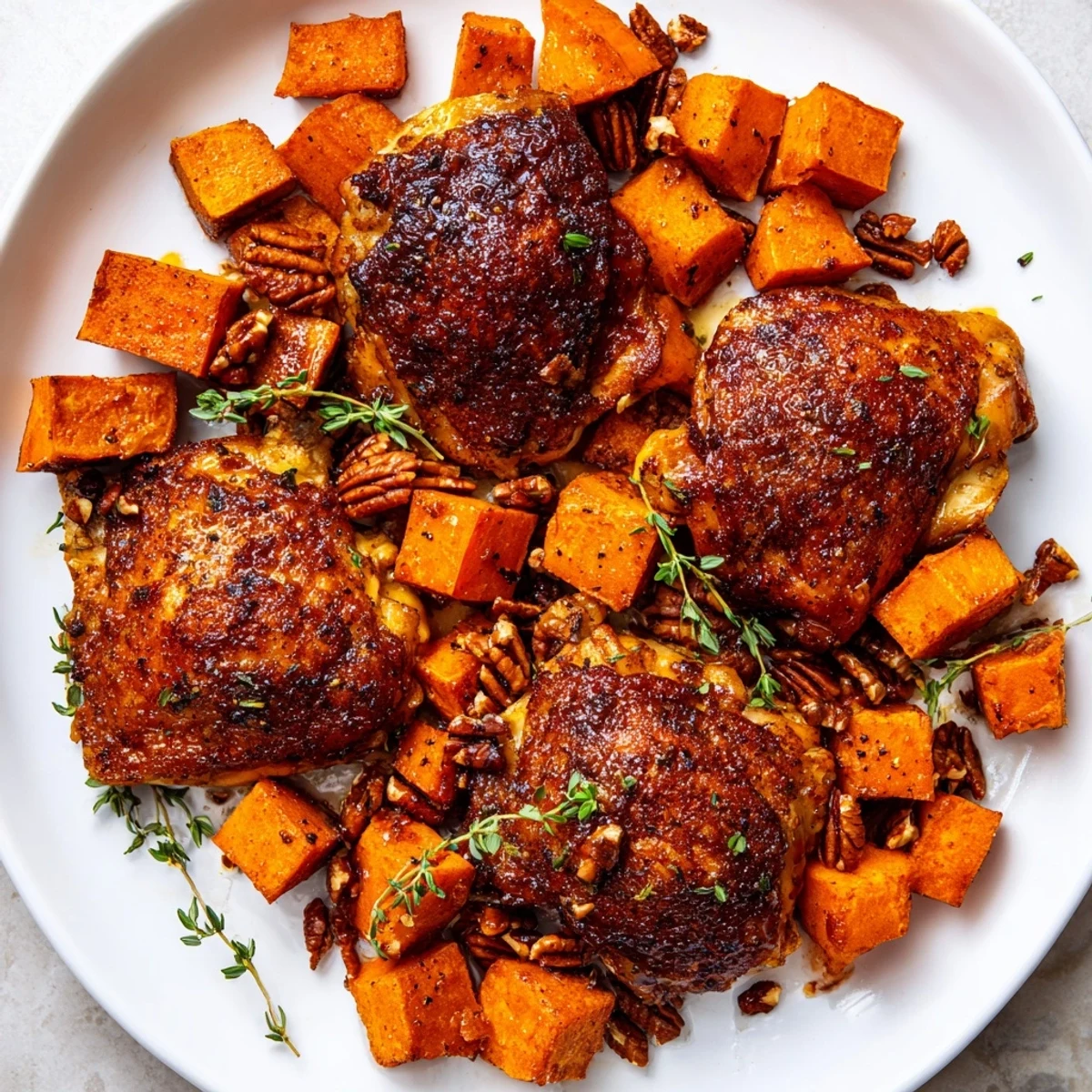 Savory and sweet: Maple glazed chicken, perfectly caramelized, resting next to tender sweet potatoes.