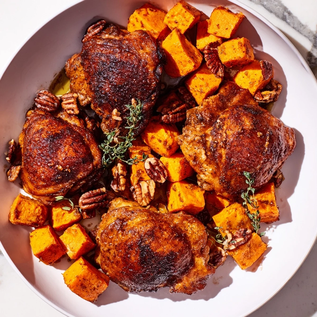 A close-up of juicy maple glazed chicken, showcasing the glistening glaze and roasted sweet potatoes.
