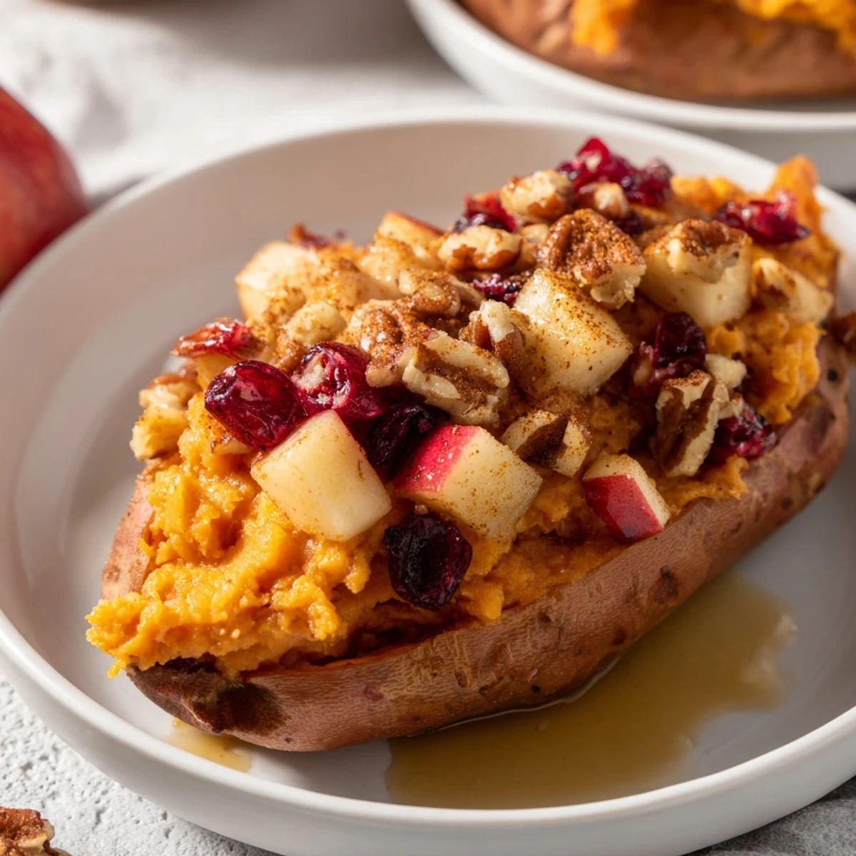 Golden, twice-baked Cranberry Apple Sweet Potatoes, overflowing with a spiced apple-cranberry filling, ready to serve.