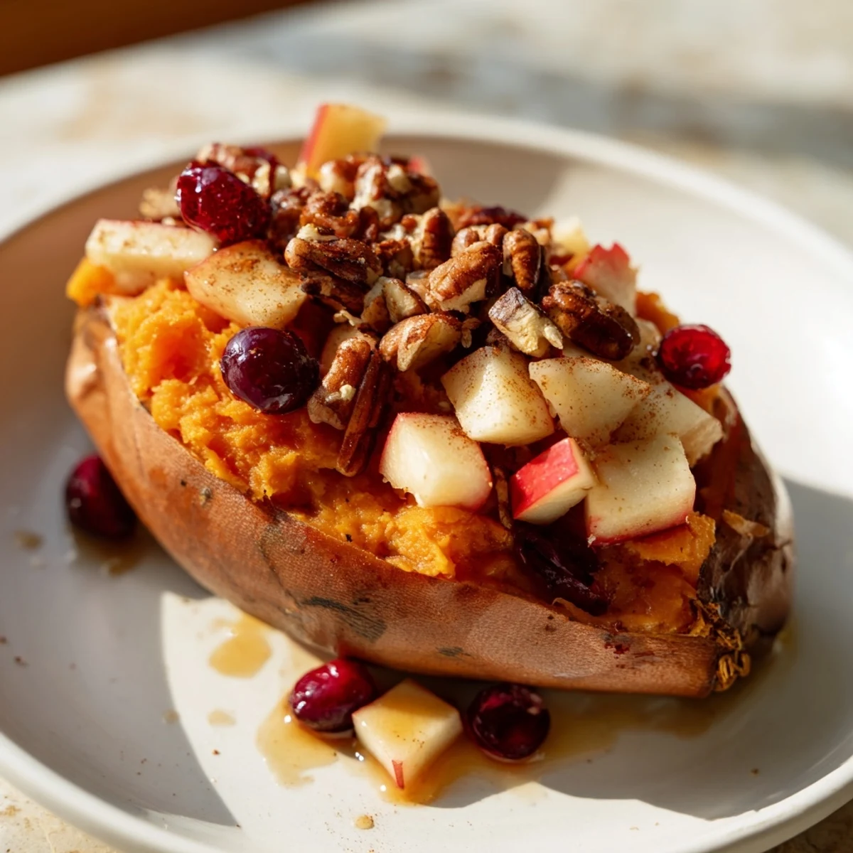 Deliciously sweet and tart Cranberry Apple Twice-Baked Sweet Potatoes, topped with pecans, are a beautiful holiday side dish.