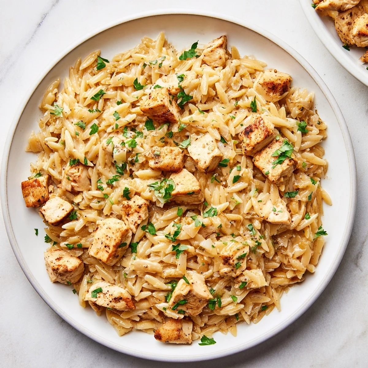 A bubbling skillet of One-Pot Cajun Chicken Alfredo Orzo, a quick, one-pan delicious dinner.