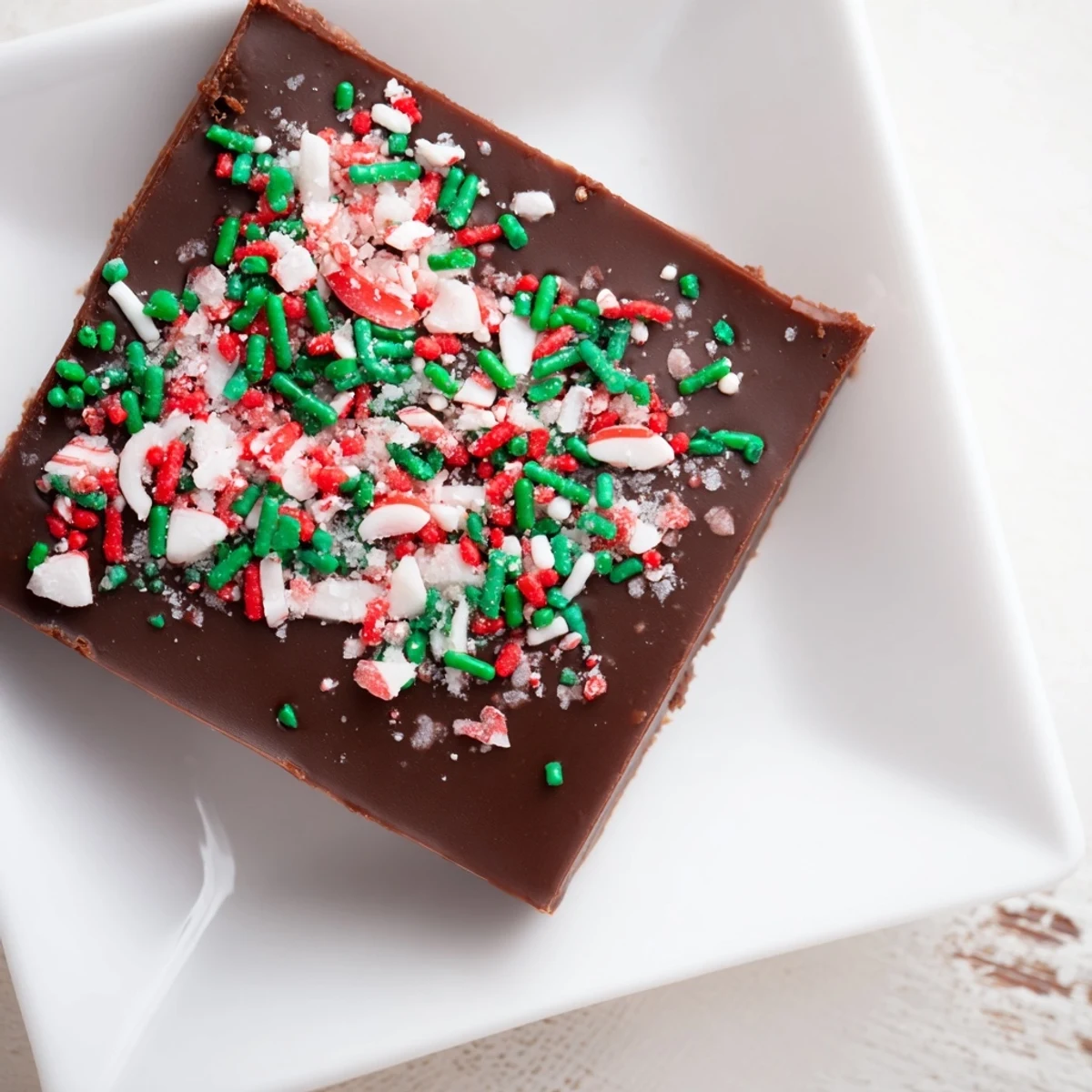 Festive, colorful sprinkles top these creamy 3-Ingredient Christmas Fudge Squares, ready for holiday enjoyment.