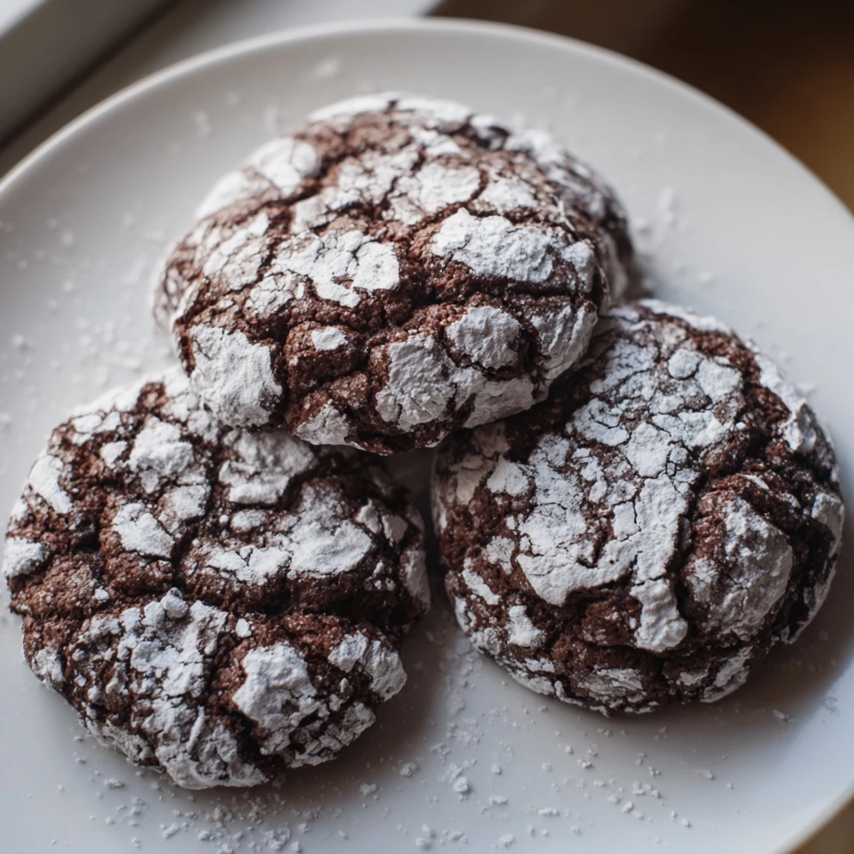 Air-Fried Chocolate Crinkle Cookies, dusted in powdered sugar, look deliciously crackled and ready to enjoy.