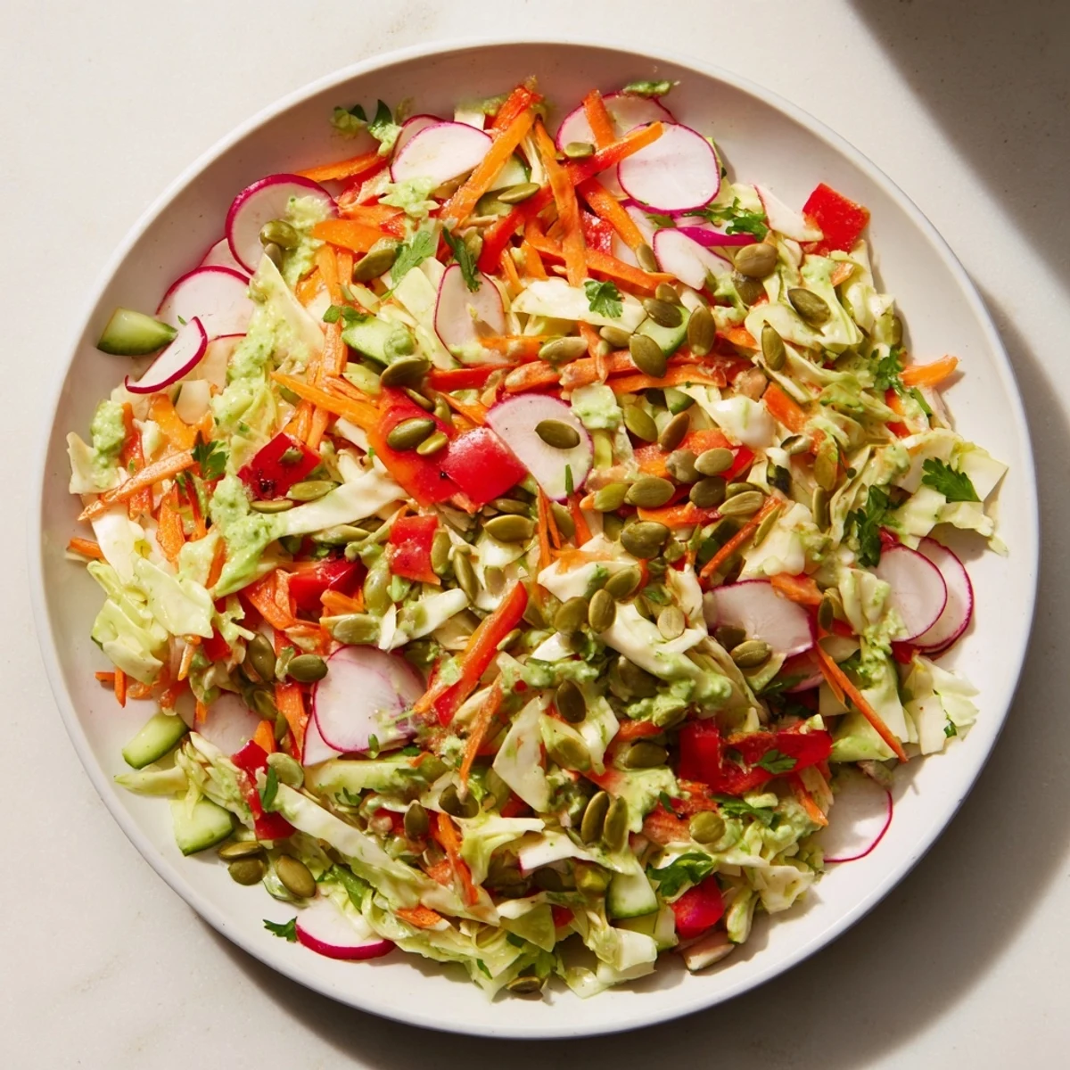 Vibrant Green Goddess Confetti Chop Slaw, a colorful salad with crunchy vegetables and creamy dressing.