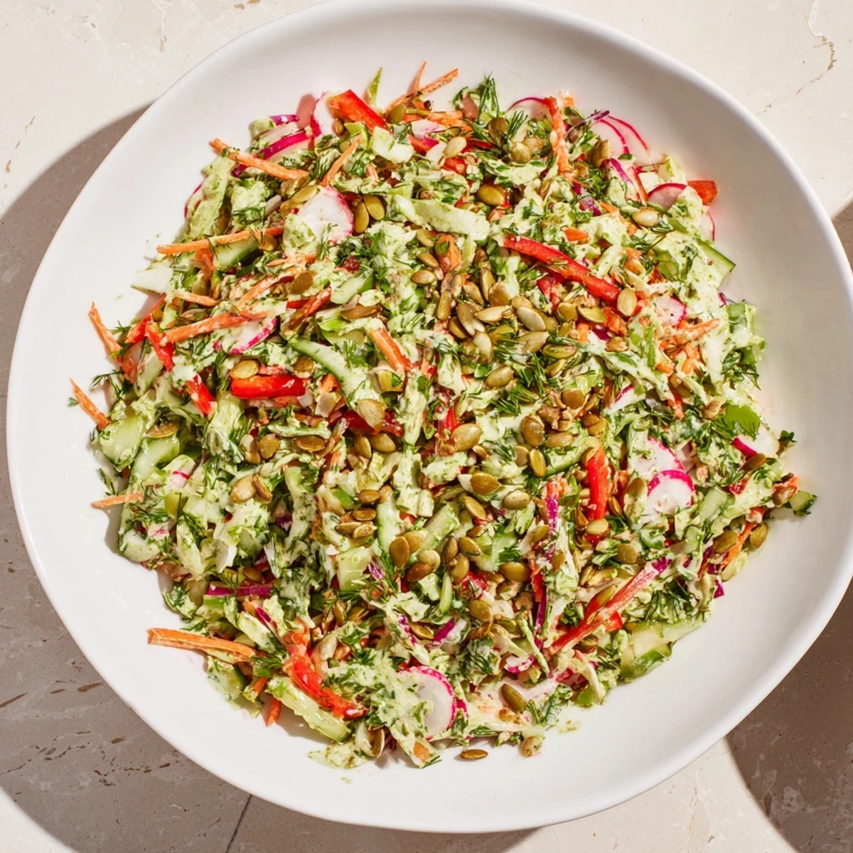 Bright and flavorful, this Green Goddess Confetti Chop Slaw combines fresh herbs and crisp, chopped veggies.