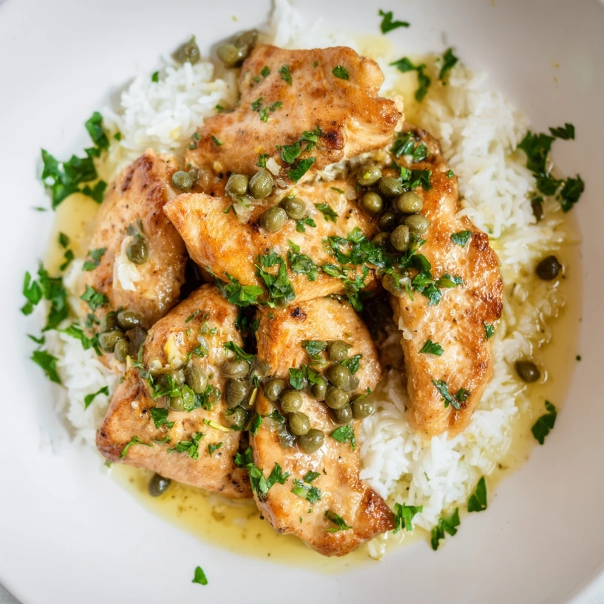 Express Chicken Piccata Rice Bowl, a delicious Italian-American dish with golden chicken and zesty lemon sauce.