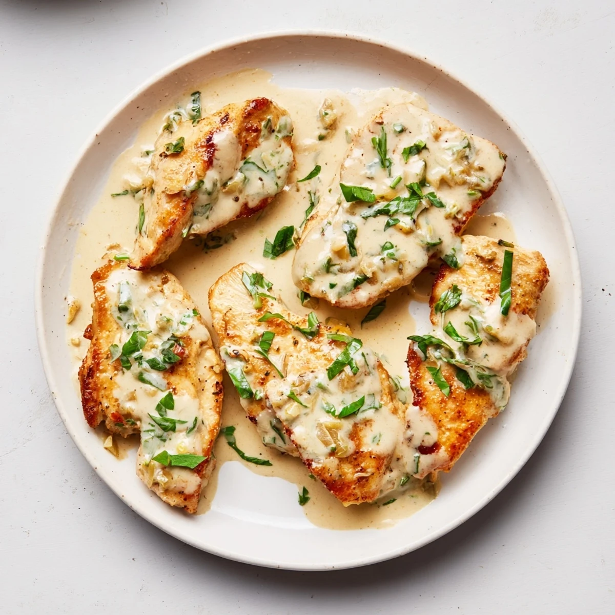 A close-up of Lighter Creamy Tarragon Chicken, creamy sauce with tender chicken and fresh tarragon.