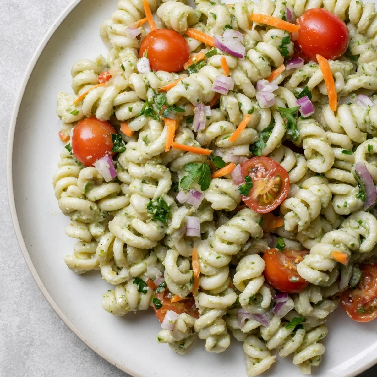 Vegan Hemp Seed Ranch Pasta Salad, with vibrant veggies and creamy dressing, ready to eat.