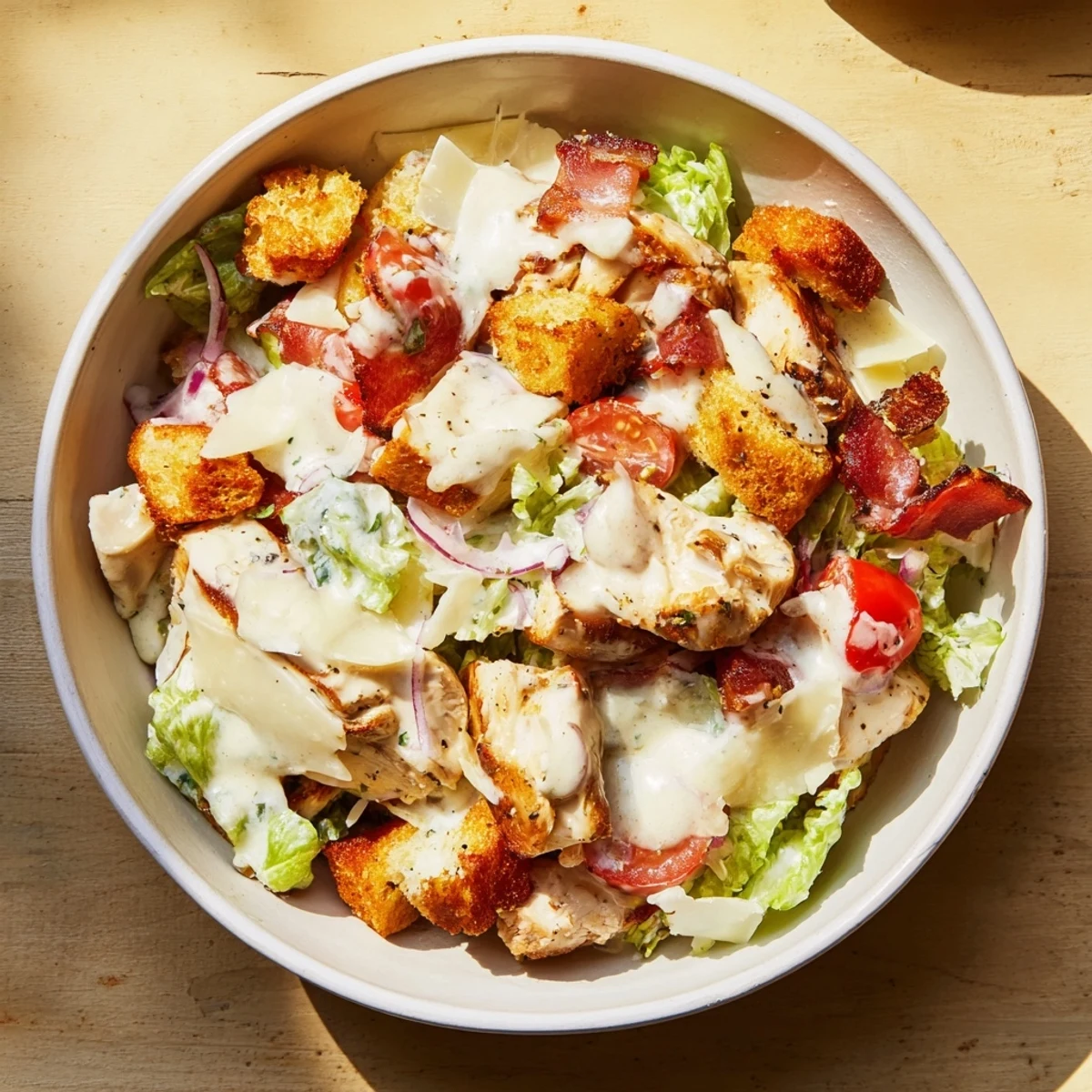 This colorful Costco Chicken Bake Salad Bowl is a vibrant mix of fresh greens, savory meats, and cheese.