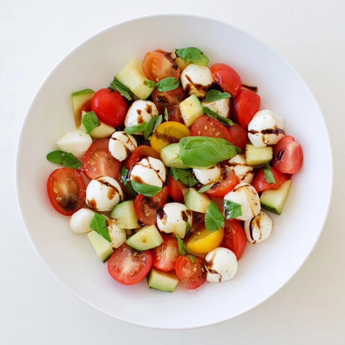 Simple Holiday Chopped Caprese Salad bursting with fresh red tomatoes and creamy mozzarella, ready to serve.