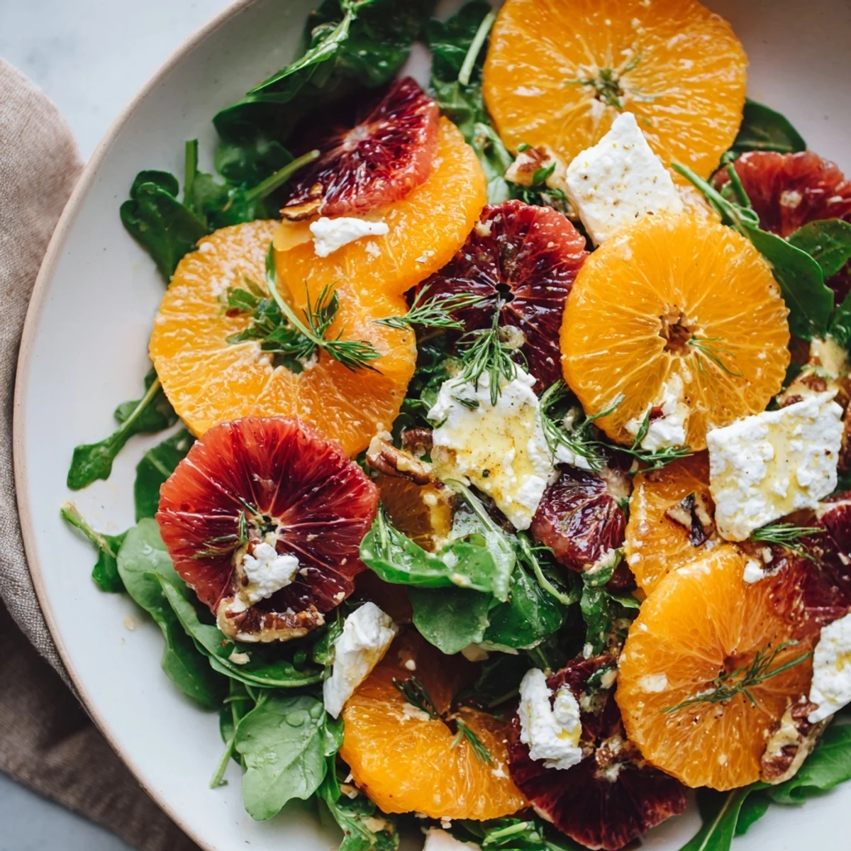 Vibrant Winter Citrus & Candied Pecan Salad, showcasing juicy citrus segments, goat cheese, and golden-brown candied pecans.