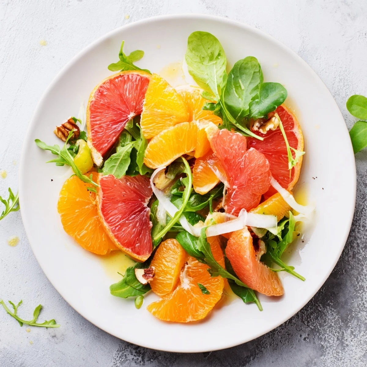 Freshly assembled Winter Citrus & Candied Pecan Salad: a colorful mix of greens, citrus slices, and toasted pecans.