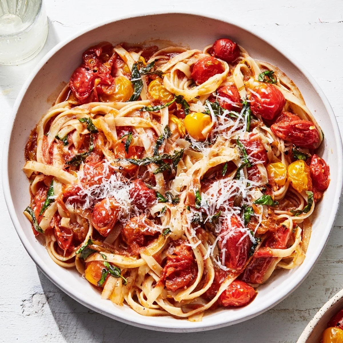 Steaming Cozy Fireplace One-Pan Tomato Basil Pasta with vibrant red tomatoes and fresh basil, ready to serve.