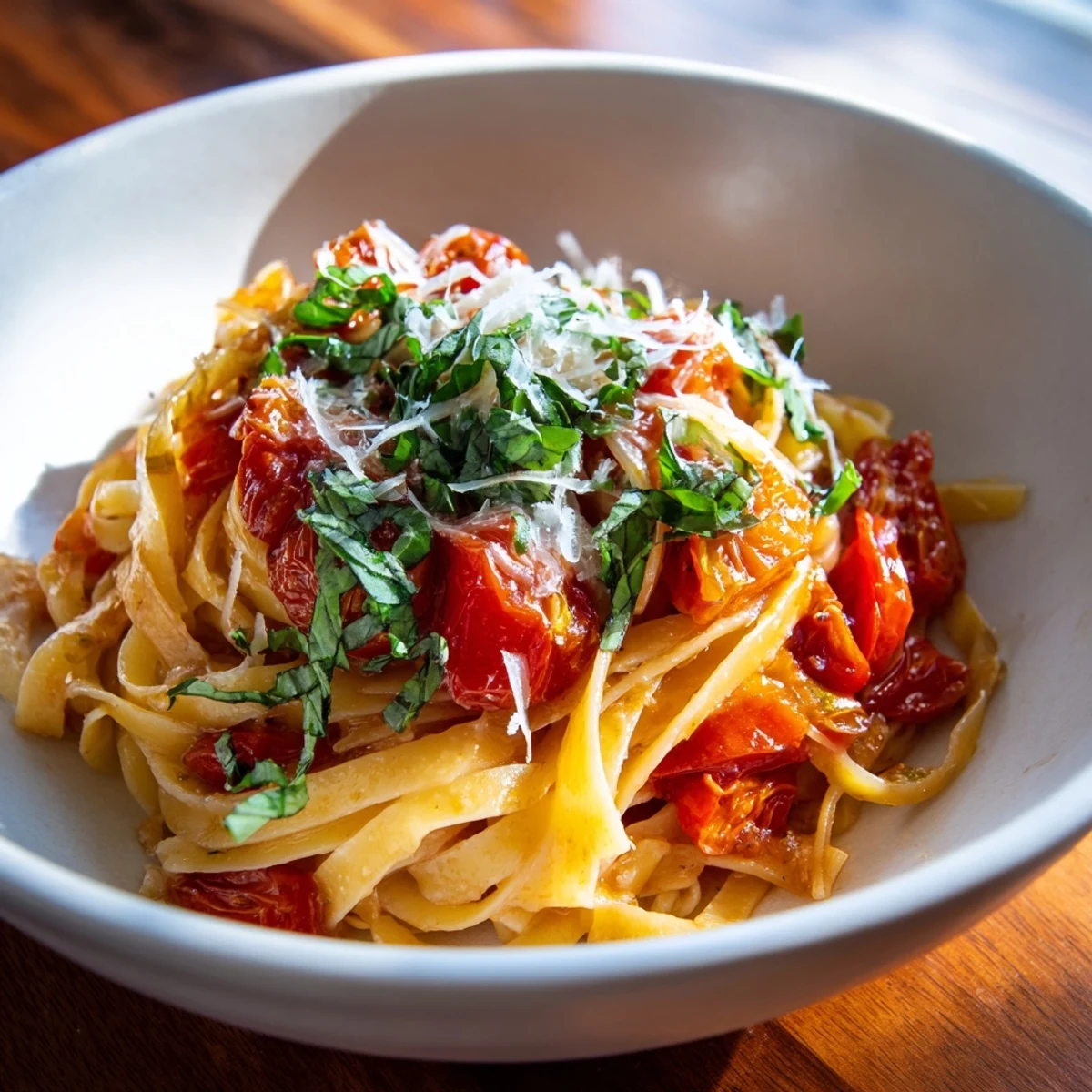 Garnished Cozy Fireplace One-Pan Tomato Basil Pasta, a comforting vegetarian meal with grated Parmesan and fresh basil.