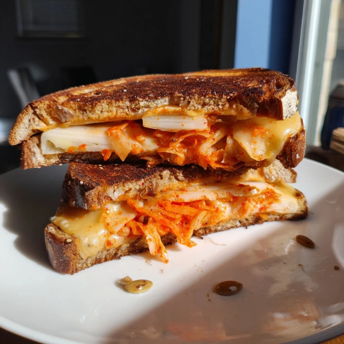 Golden, gooey Skillet Kimchi & Cheddar Fusion Grilled Cheese, with melted cheese and kimchi, ready to serve.