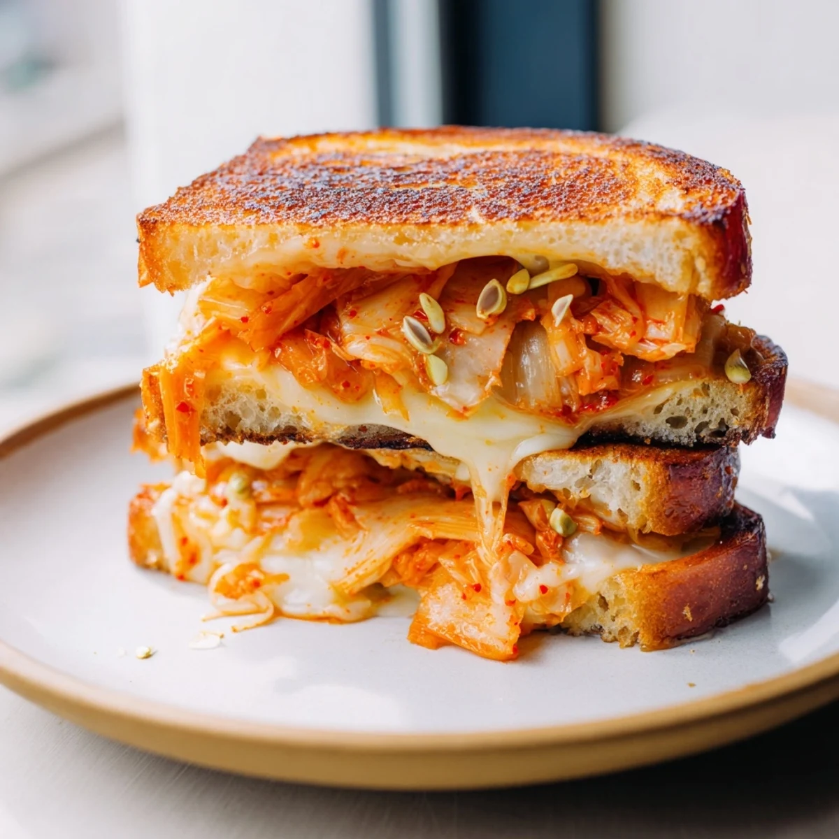 Crispy sourdough bread surrounds melted cheddar and spicy kimchi in this Skillet Kimchi & Cheddar Fusion Grilled Cheese.