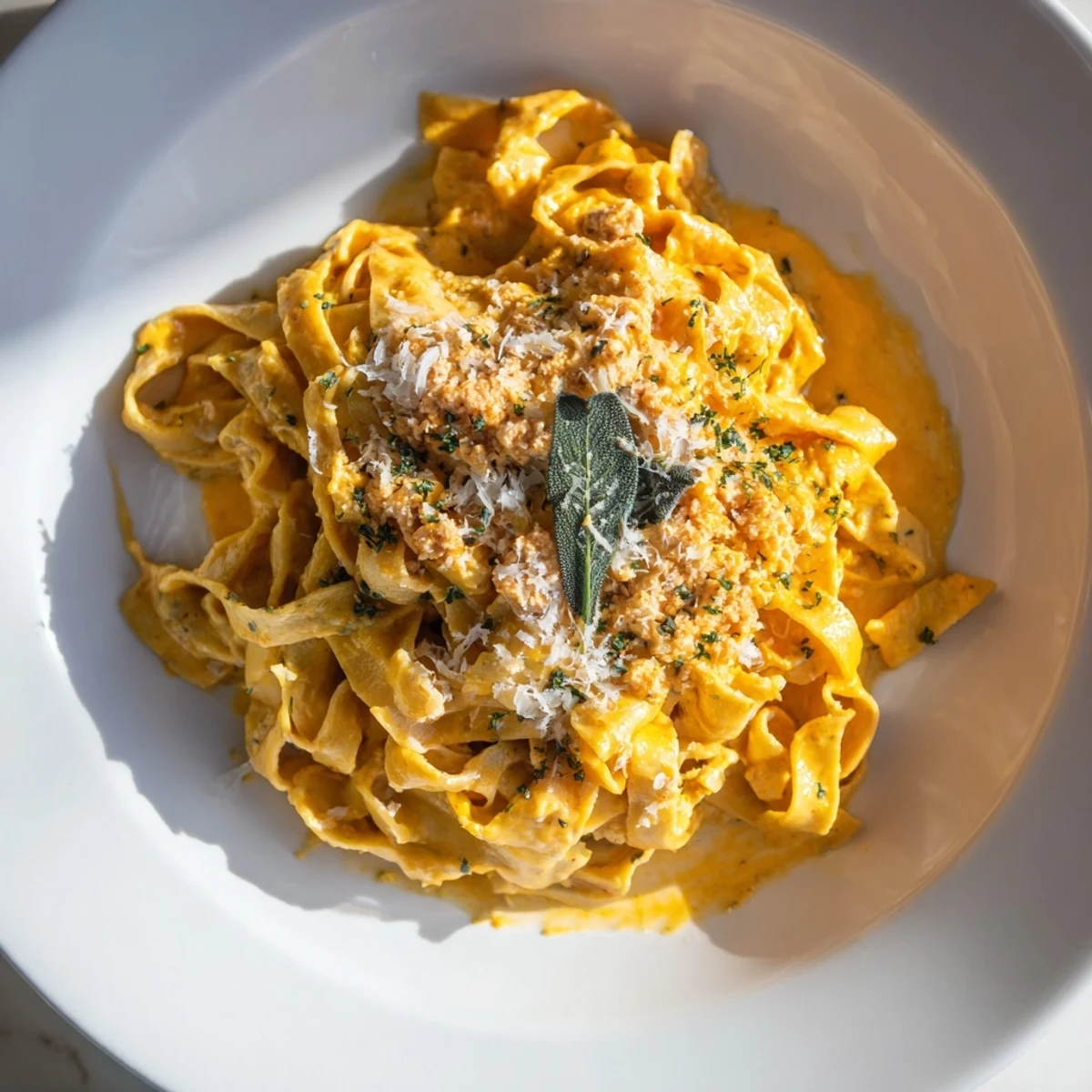 Warm and creamy Healthy Pumpkin Sage Holiday Pasta, garnished with fresh sage and Parmesan, awaits.