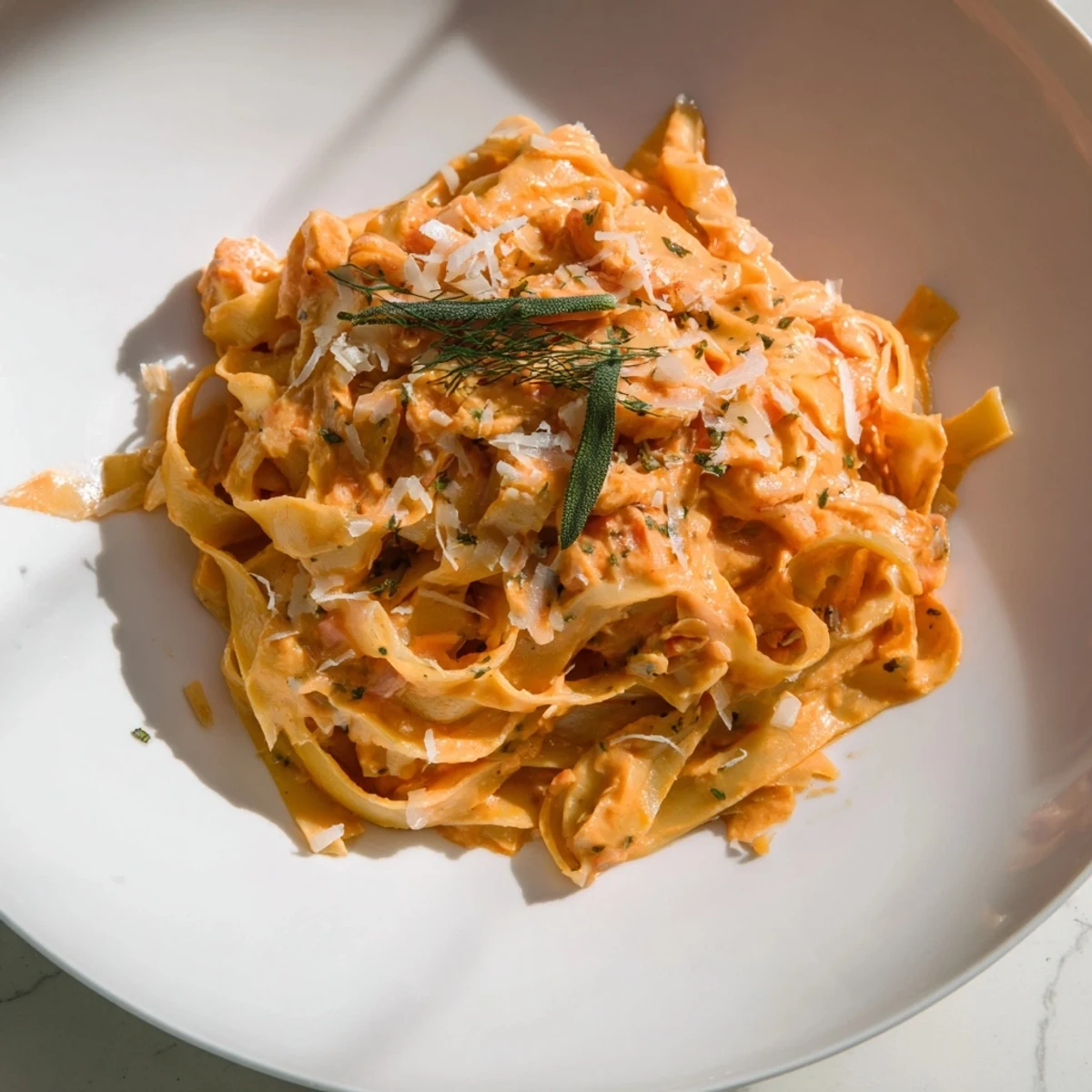A vibrant photo of Healthy Creamy Pumpkin Sage Holiday Pasta, perfect flavors for a cozy fall meal.