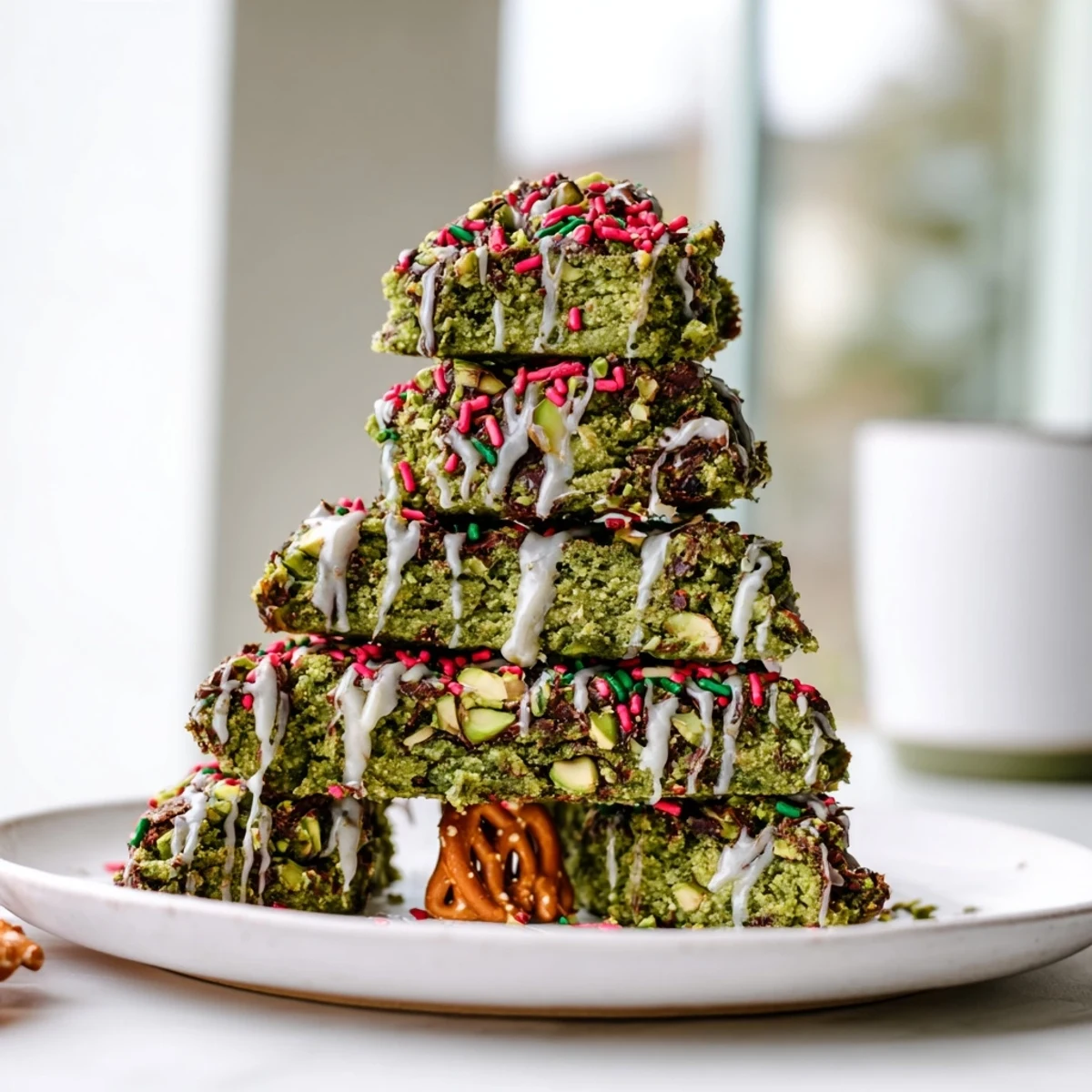 Matcha Pistachio Christmas Tree Blondie Bars, cut into festive tree shapes, drizzled with white chocolate and sprinkles.