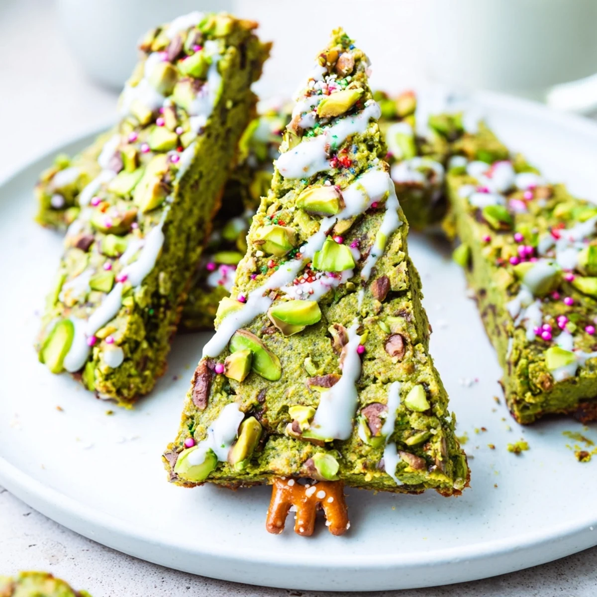 A close-up of delicious Matcha Pistachio Christmas Tree Blondie Bars, offering a perfect bite for the holidays.