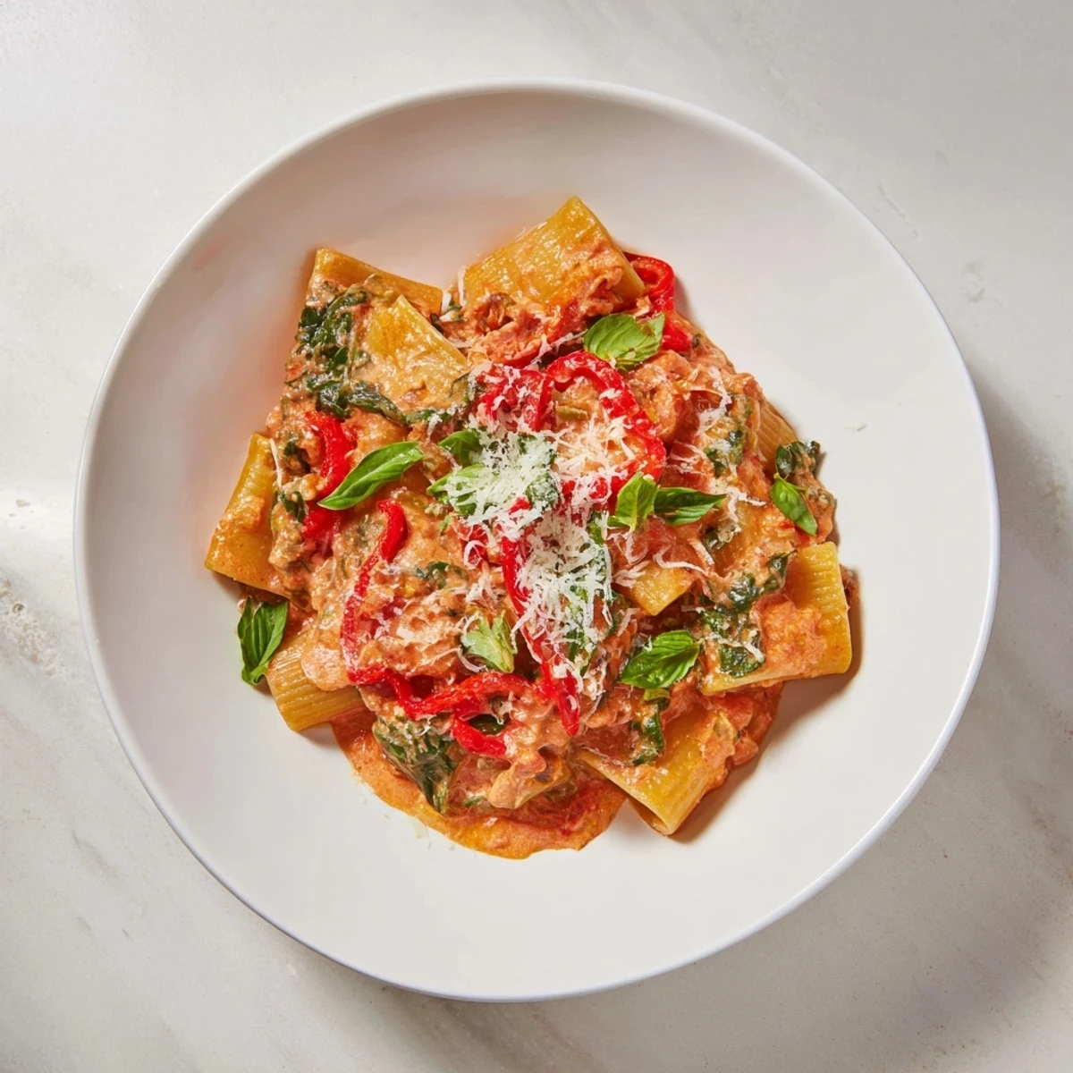 Close-up of Lightened-Up Vodka Rosé Christmas Pasta; the red and green hues create a holiday feast.