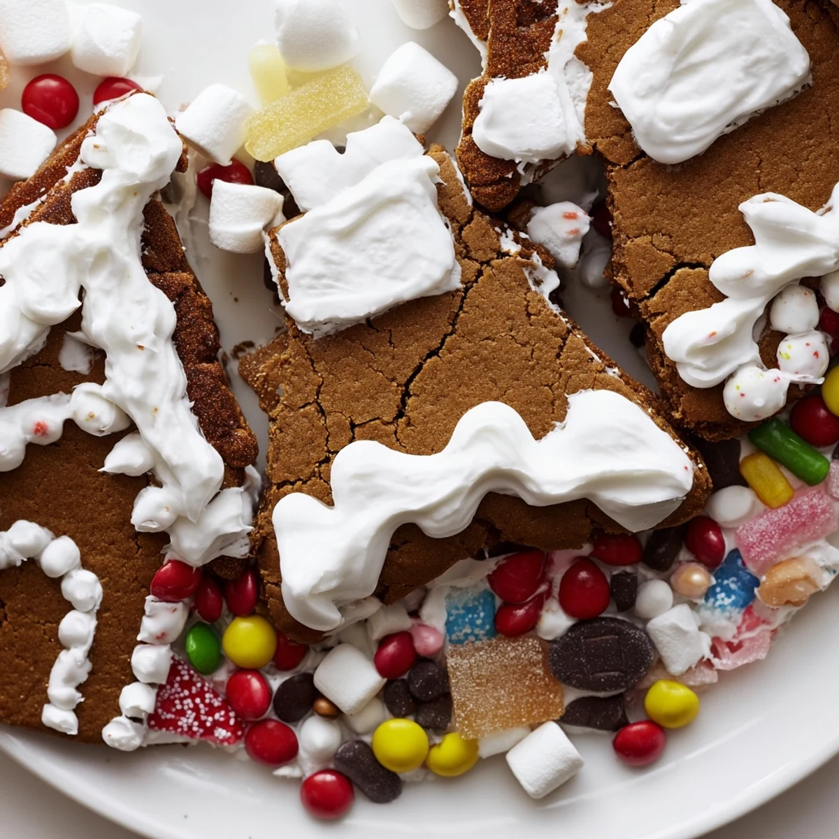 A beautifully arranged Gingerbread House Board with colorful candies and gingerbread pieces ready to assemble.