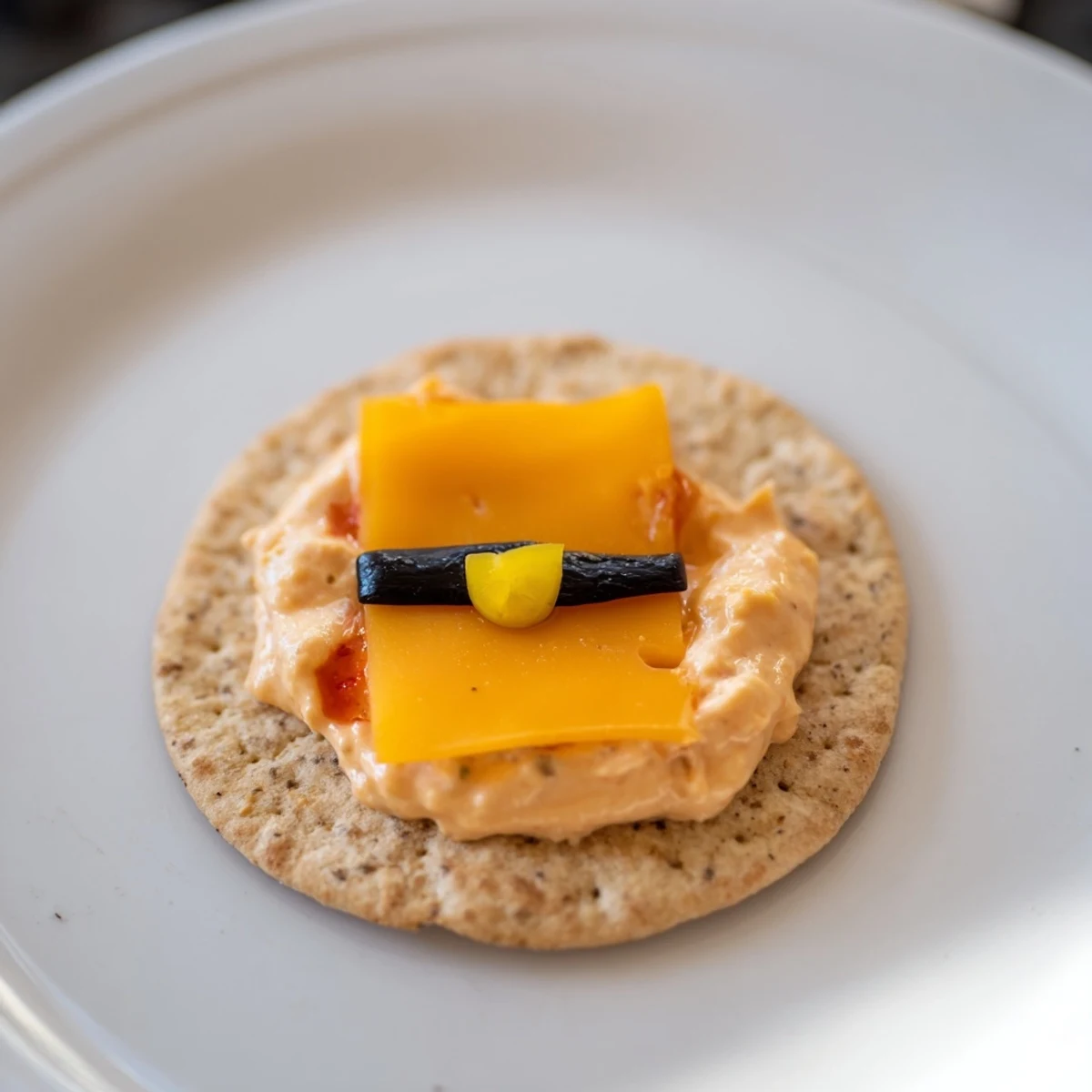 Savory Santa's Belt Crackers featuring melted cheddar, creamy dip and playful black olive "belts" and "buckles".