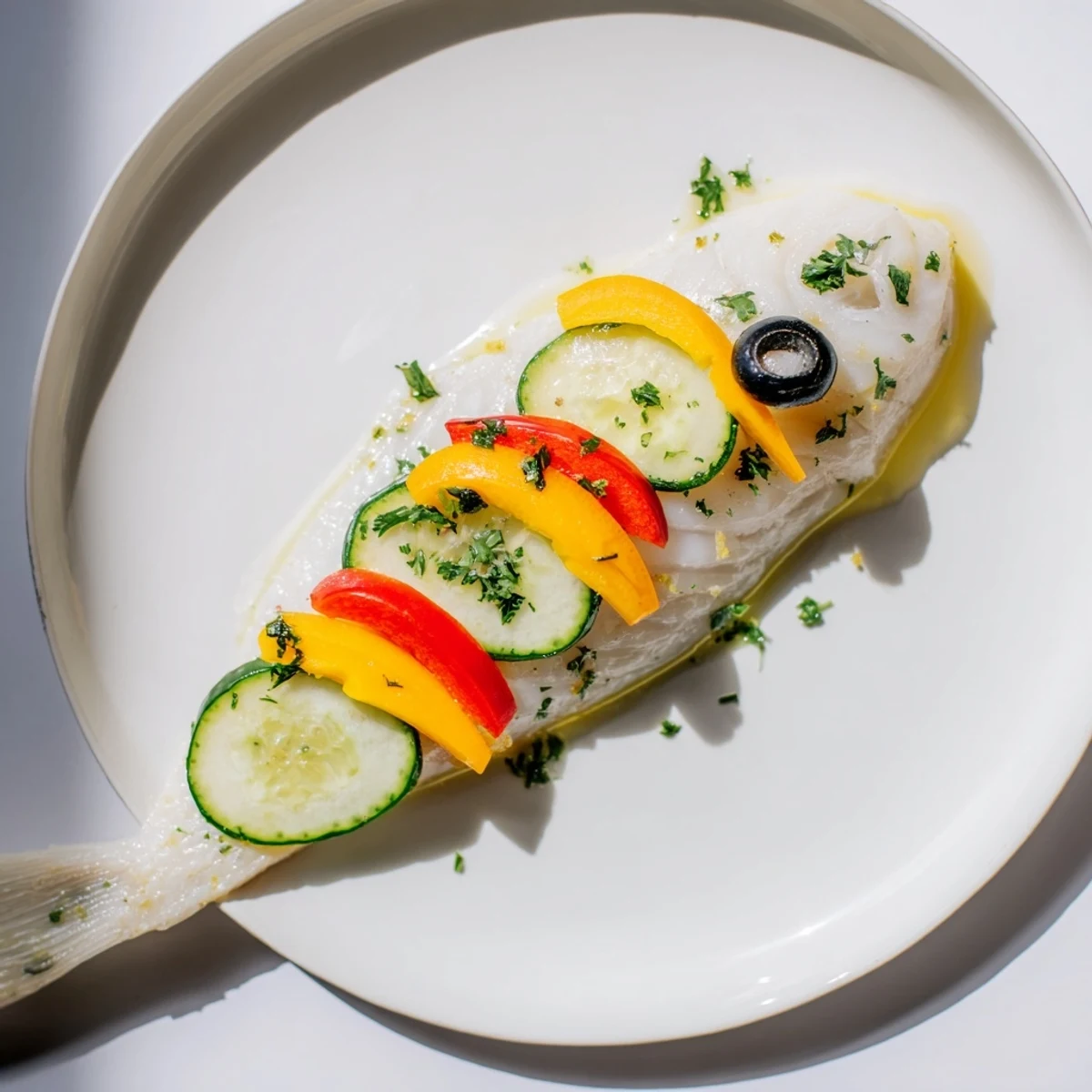 Colorful baked Light Fish-Shaped Meal with vegetable scales, ready for a delicious, healthy dinner.