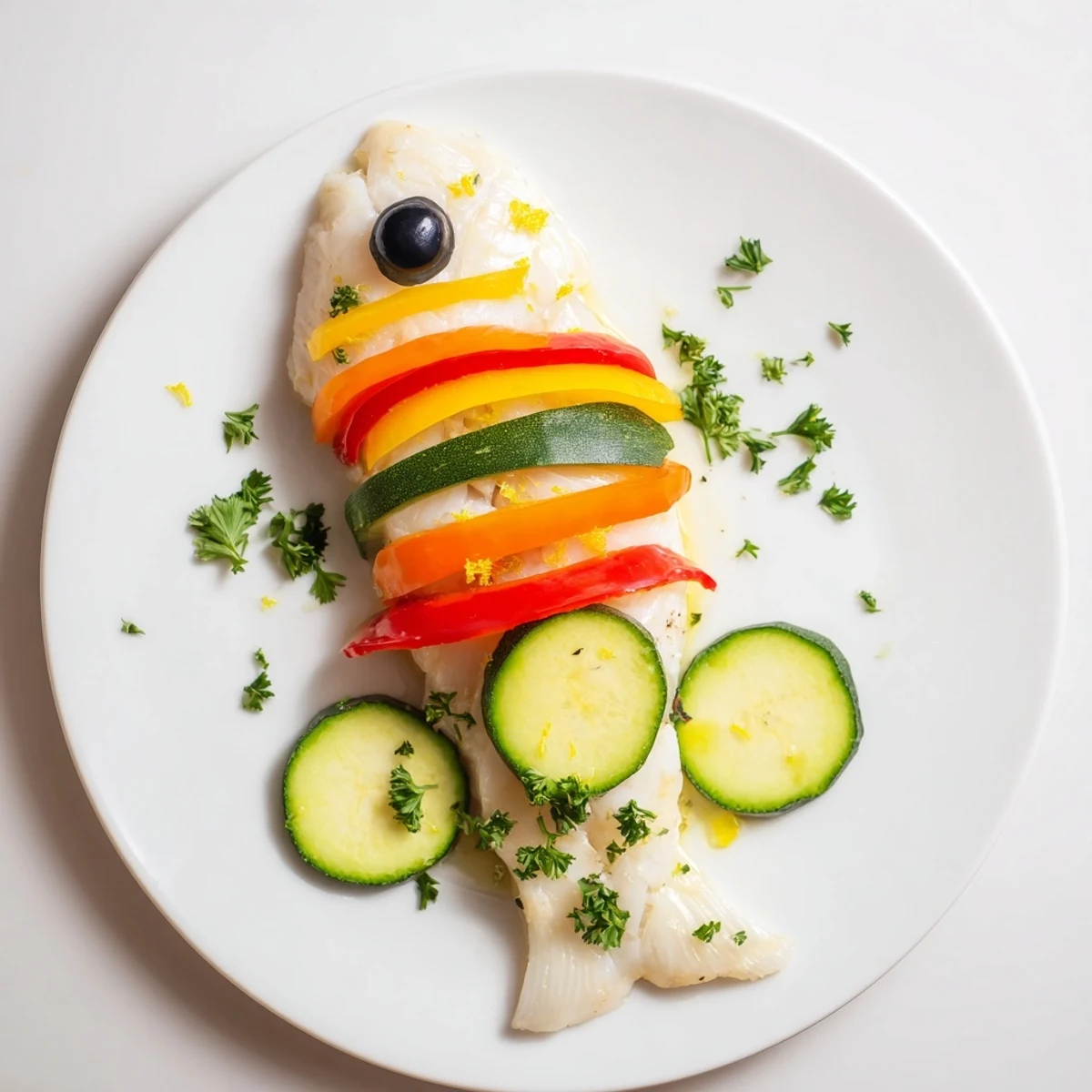 Tender white fish fillet transformed into a fun Light Fish-Shaped Meal, garnished with fresh parsley and vegetables.